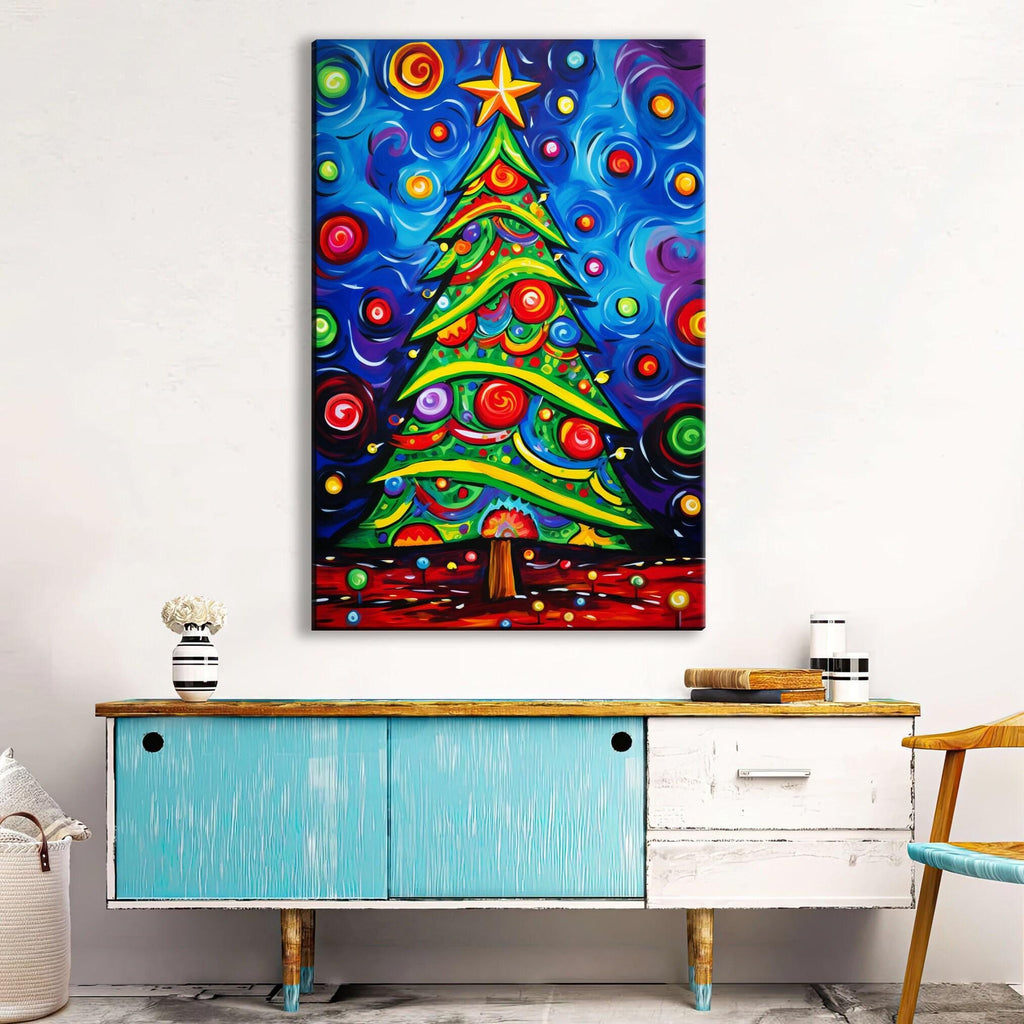 Christmas Tree Wall Art – Colorful Xmas Tree Painting on Gallery Wrapped Canvas, Large Sizes