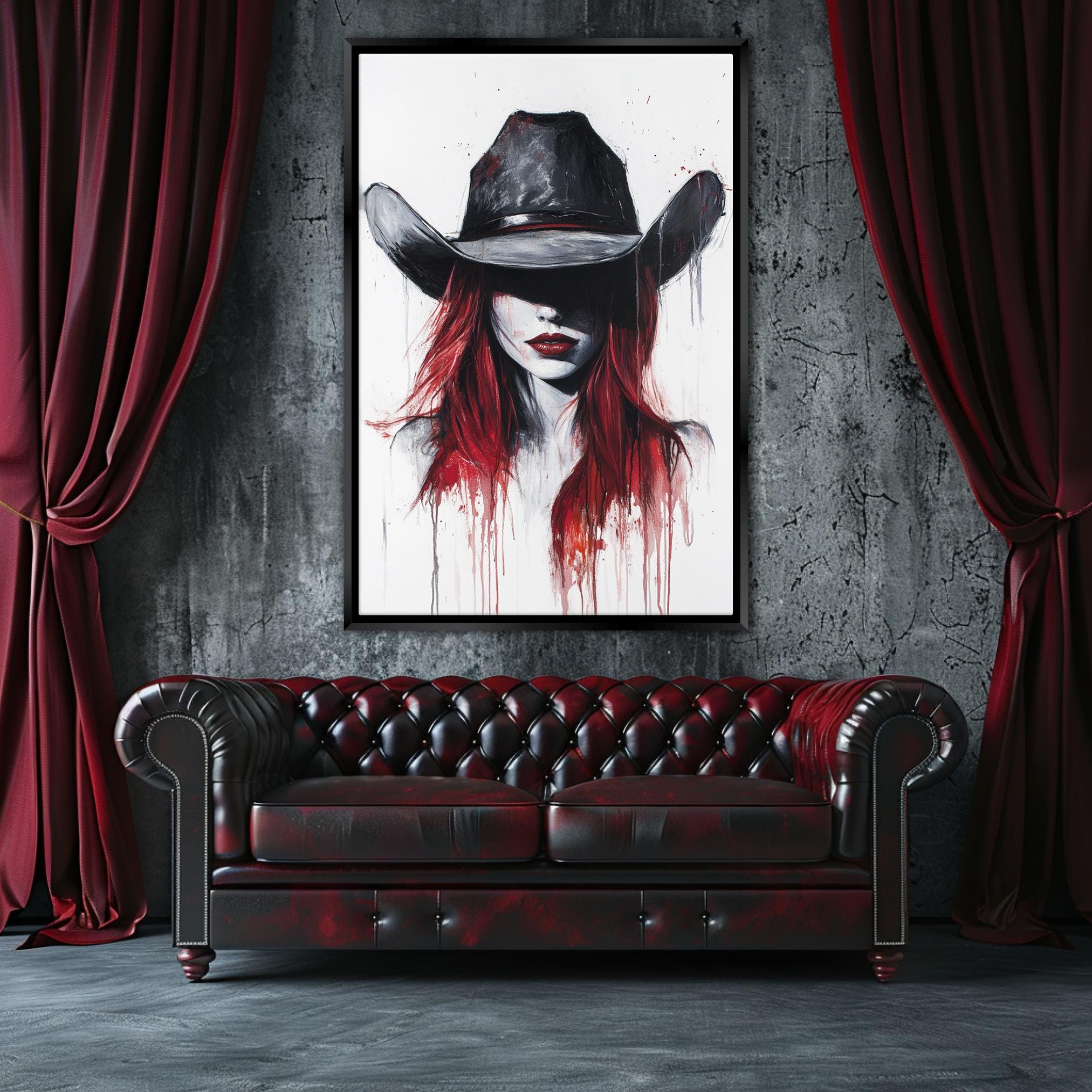 a living room with a couch and a painting on the wall
