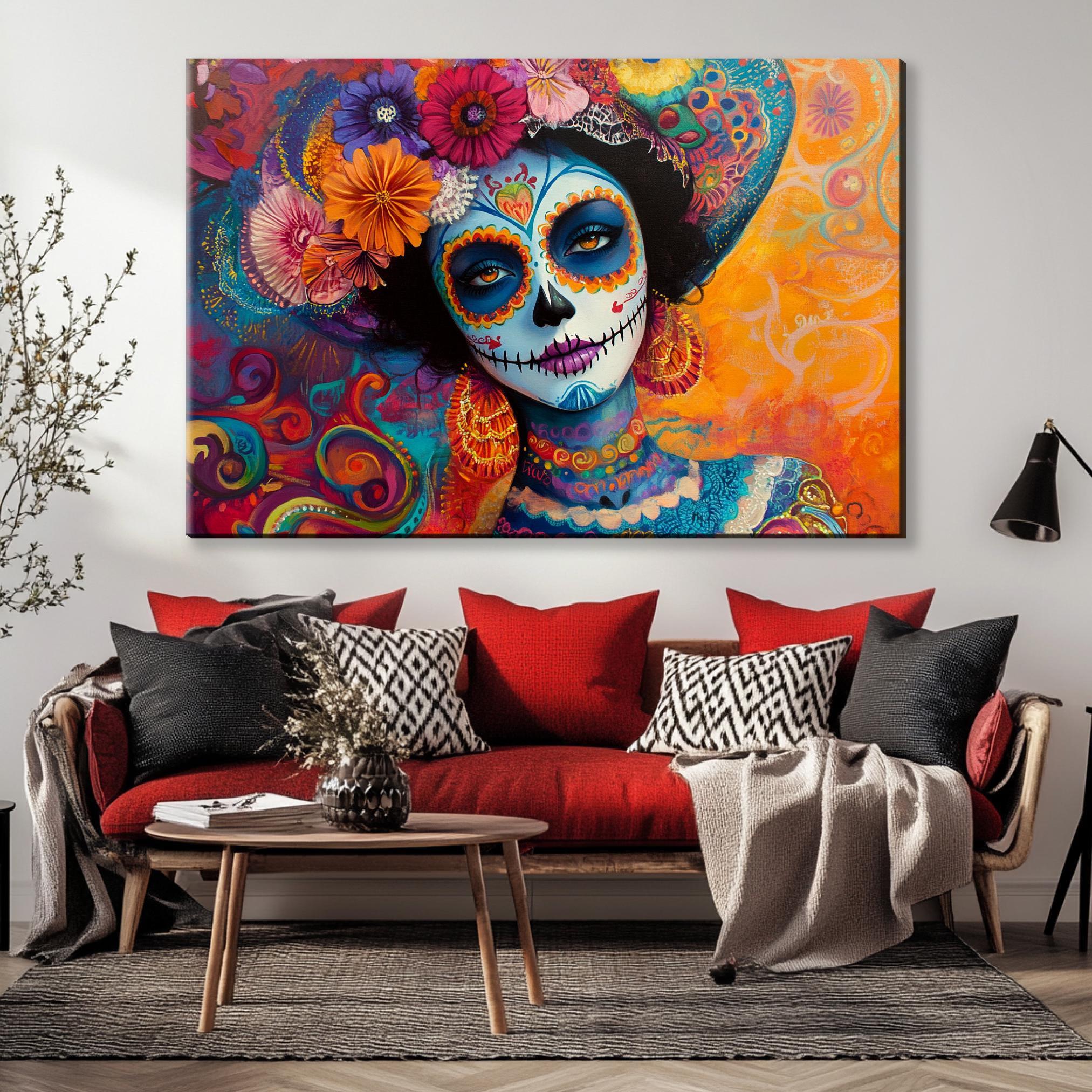 Day of the Dead Canvas - Colorful Wall Art | Extra Large Sugar Skull Print, Ready to Hang