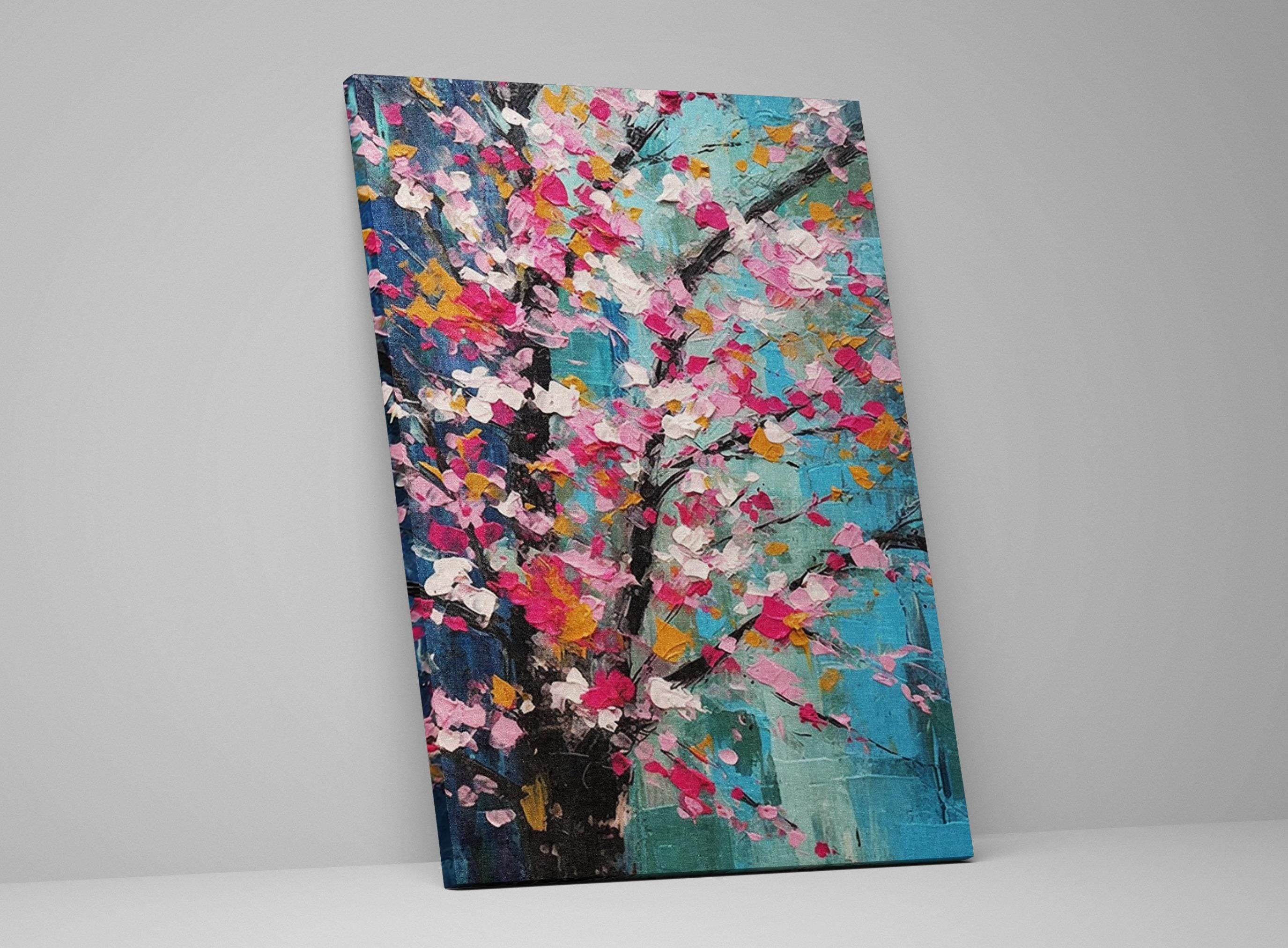 Cherry Blossom Canvas – Large Canvas Art | Abstract Floral Wall Decor in Pink & Blue
