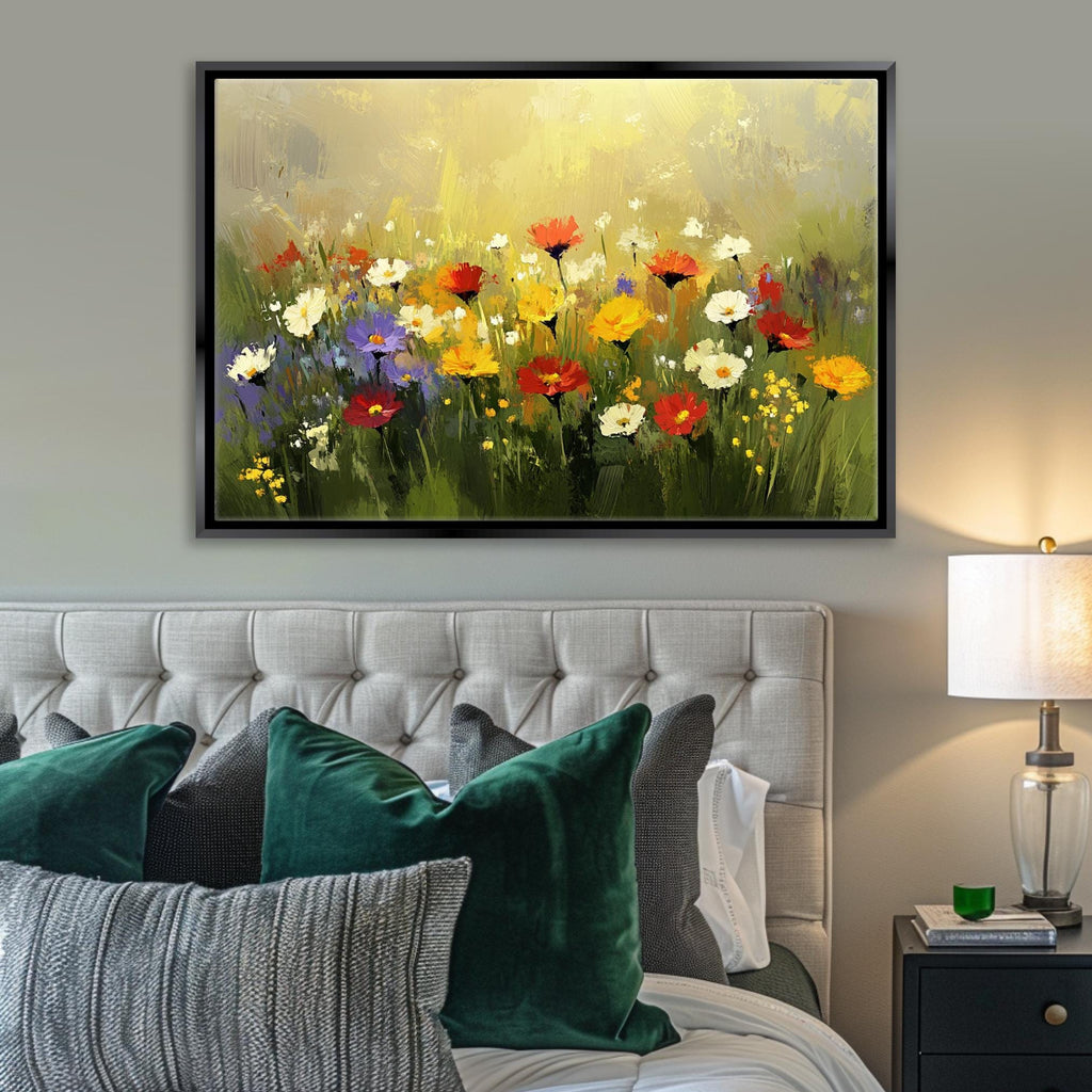 a painting of a field of flowers on a wall above a bed