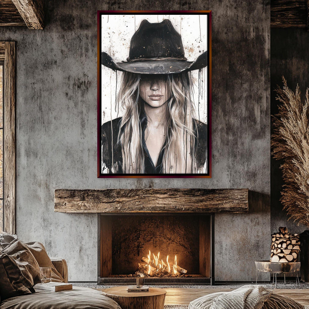 a living room with a fire place and a picture of a woman wearing a cowboy