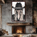 a living room with a fire place and a picture of a woman wearing a cowboy