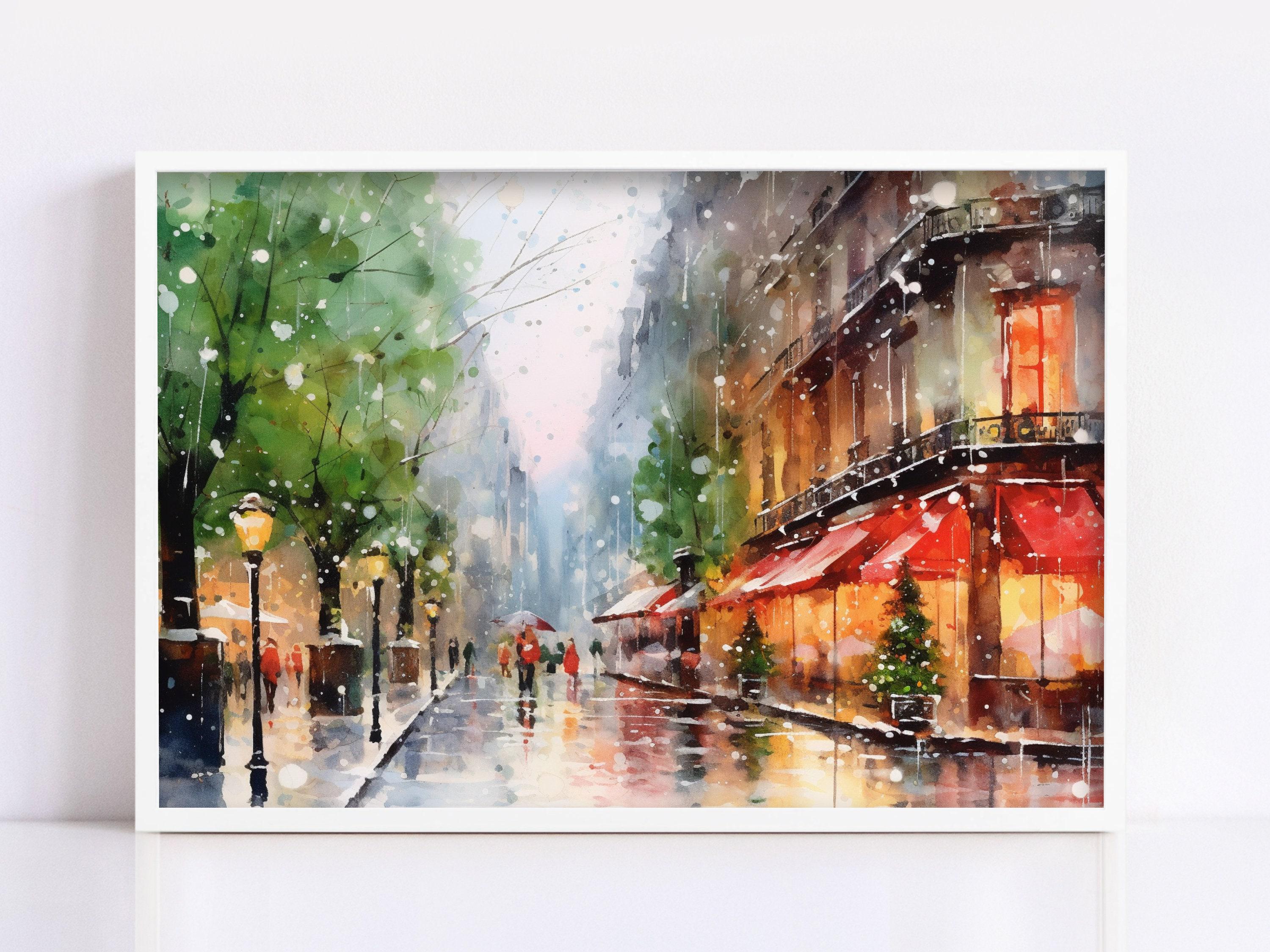 Snowy Christmas Town Watercolor - Rustic Holiday Decor, Print on Canvas, Artist Paper, Watercolor Paper, Available in Extra Large Sizes