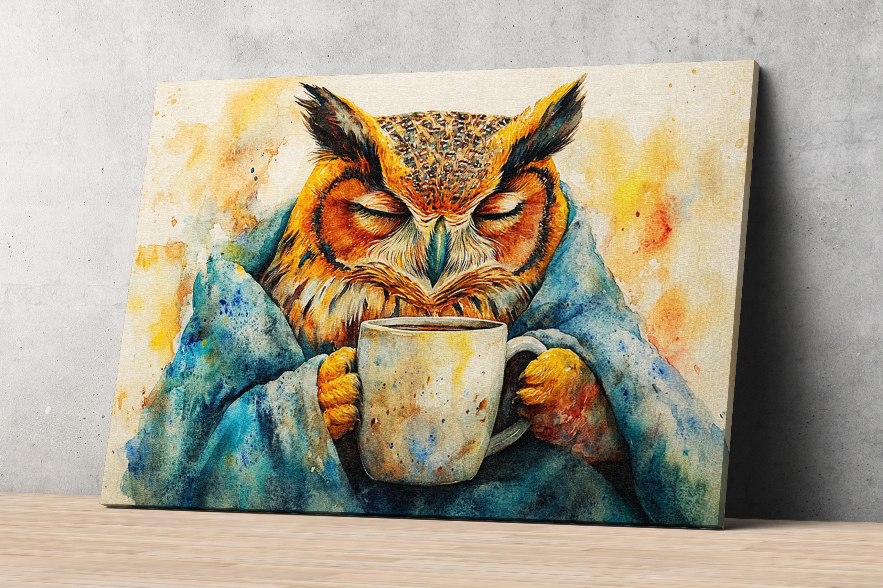 A painting of an owl holding a mug, with a warm and cozy atmosphere.