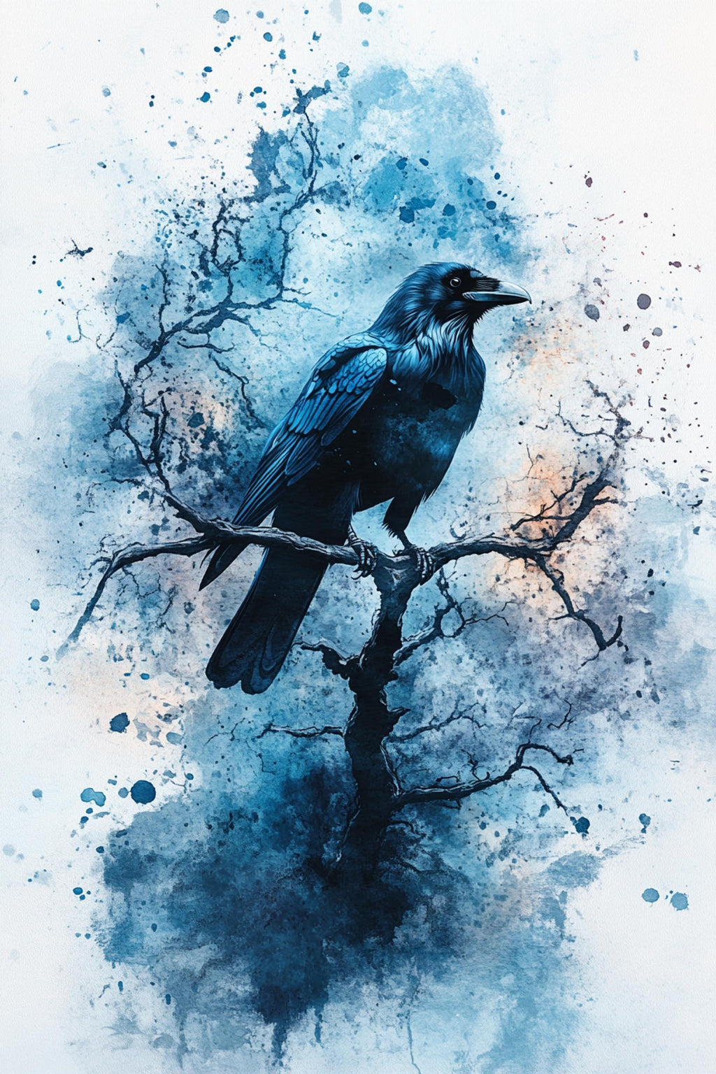 A black bird perches on a branch, its silhouette contrasting against the blue and white background.