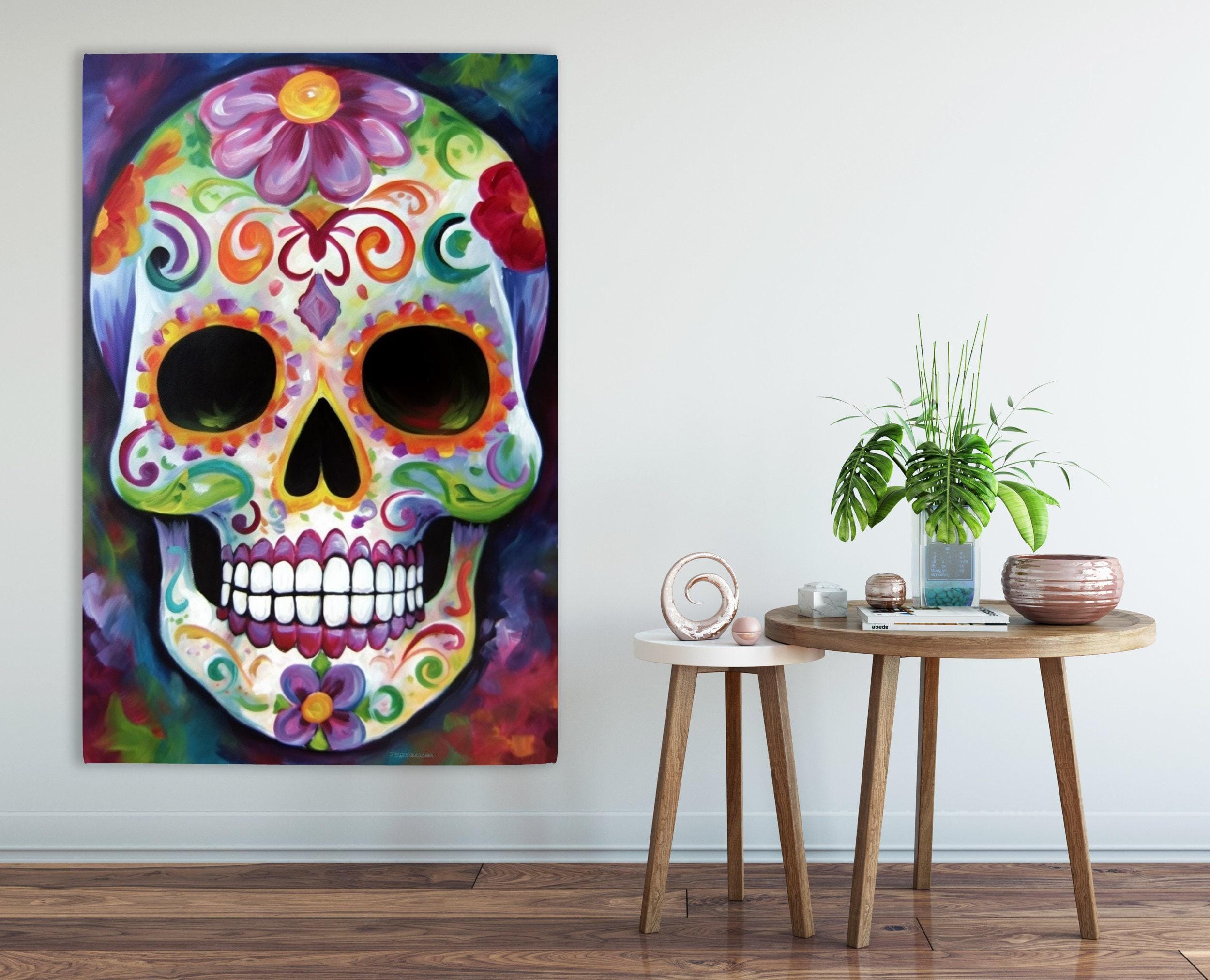 Sugar Skull Wall Art – Colorful Day of the Dead Art on Large Giclee Canvas Print