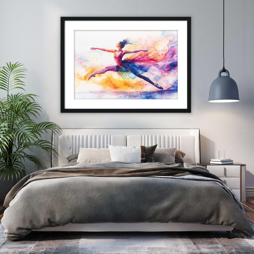 a large, colorful painting of a woman in mid-dance, hanging on a wall above a bed with a gray comforter.