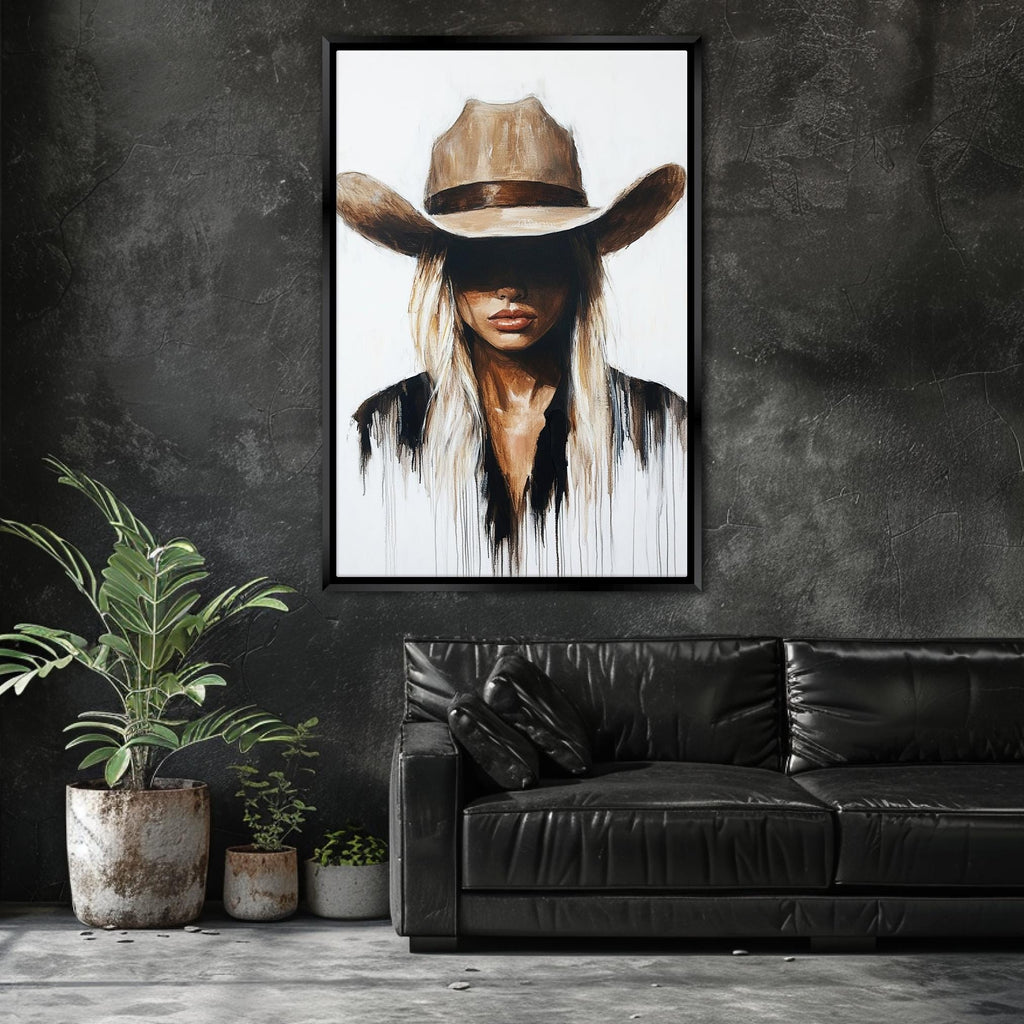 a painting of a woman wearing a cowboy hat