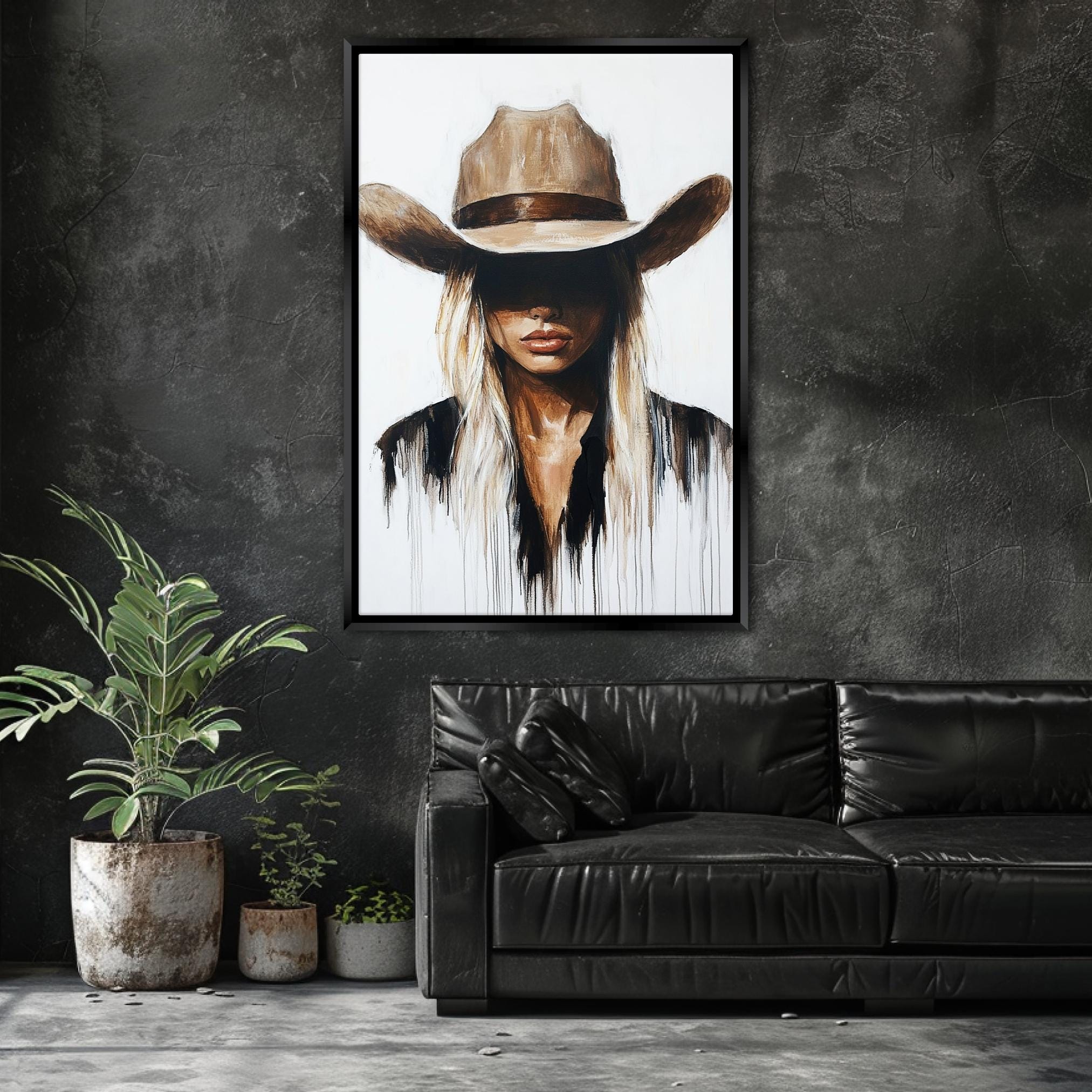 a painting of a woman wearing a cowboy hat