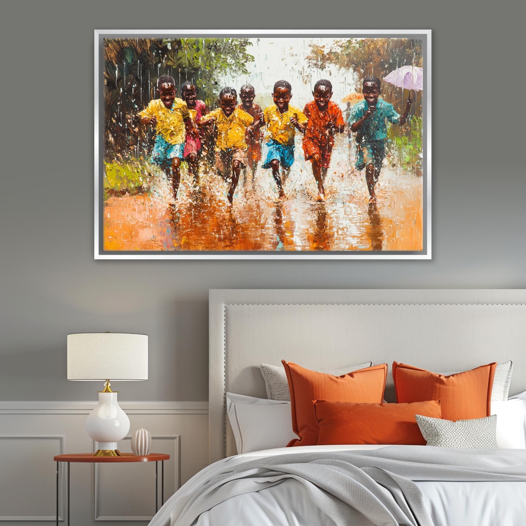 a painting of a group of children running in the rain