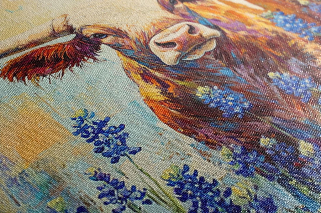 The image is a close-up of a painting depicting a cow with a colorful background featuring blue flowers.