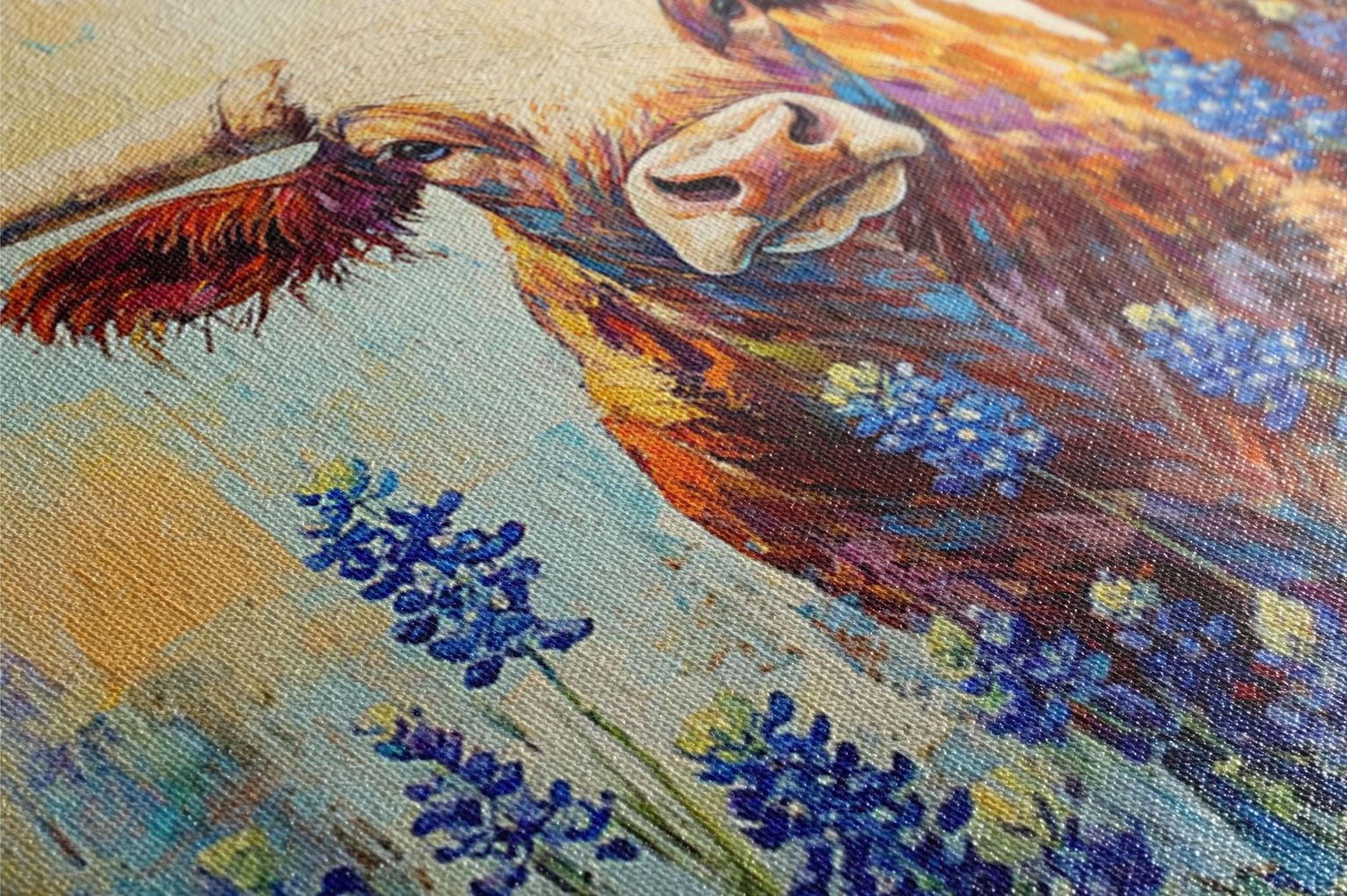 The image is a close-up of a painting depicting a cow with a colorful background featuring blue flowers.