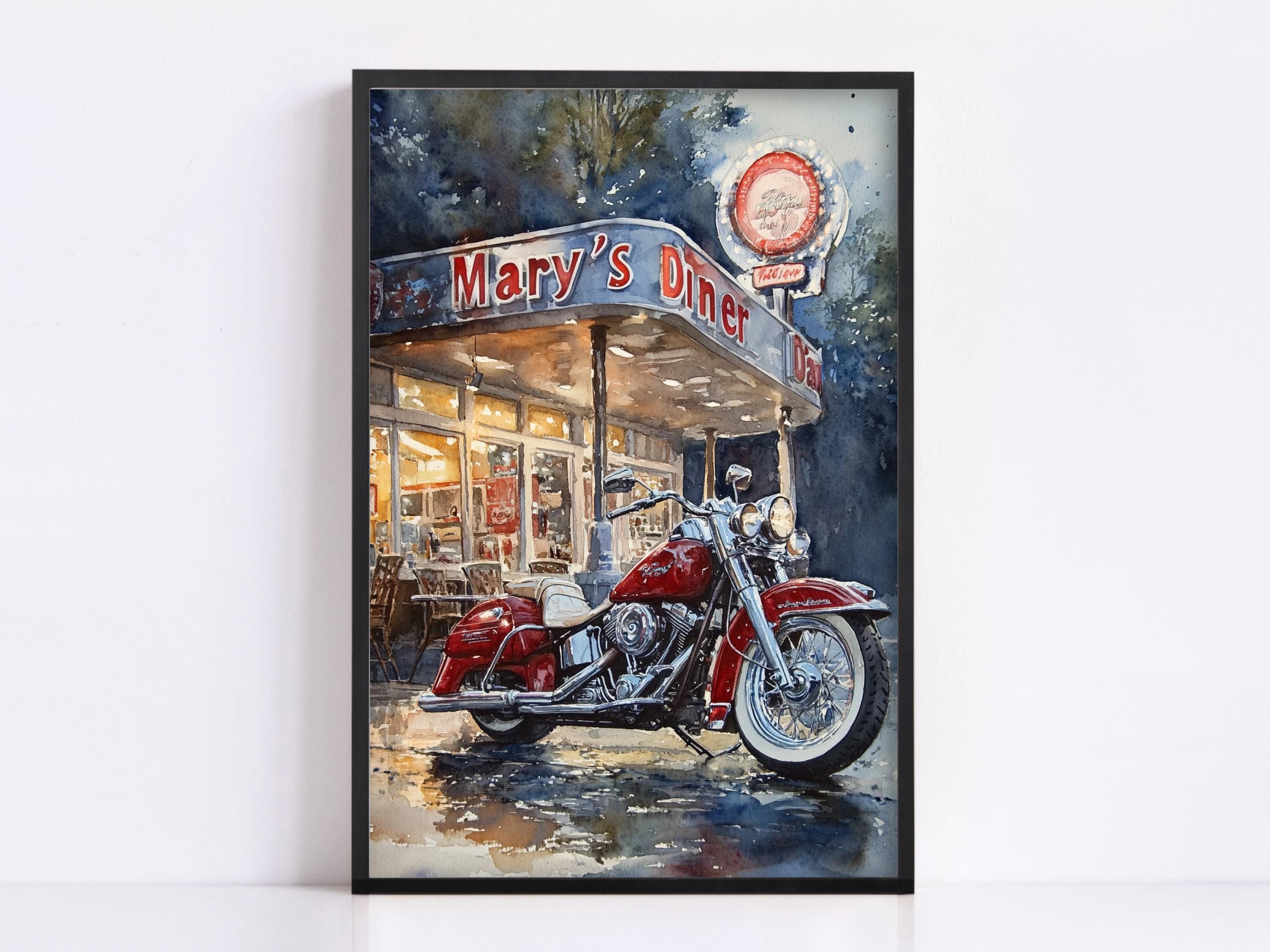 A framed painting depicting a red motorcycle parked in front of a diner named "Mary's Diner".