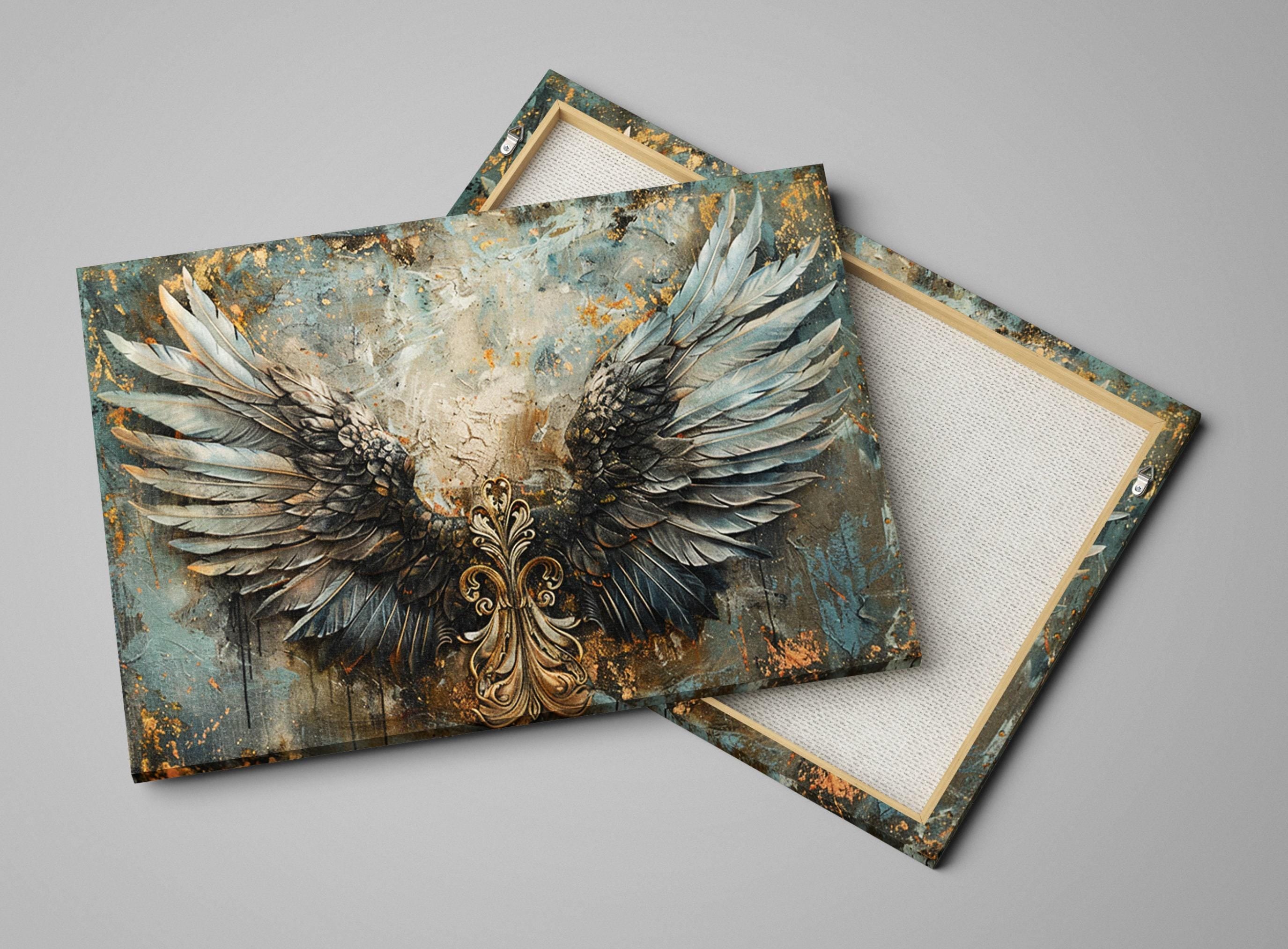 Angel Wings Wall Art – Large Canvas Art | Blue and Gold Painting, Ornate Feather Design