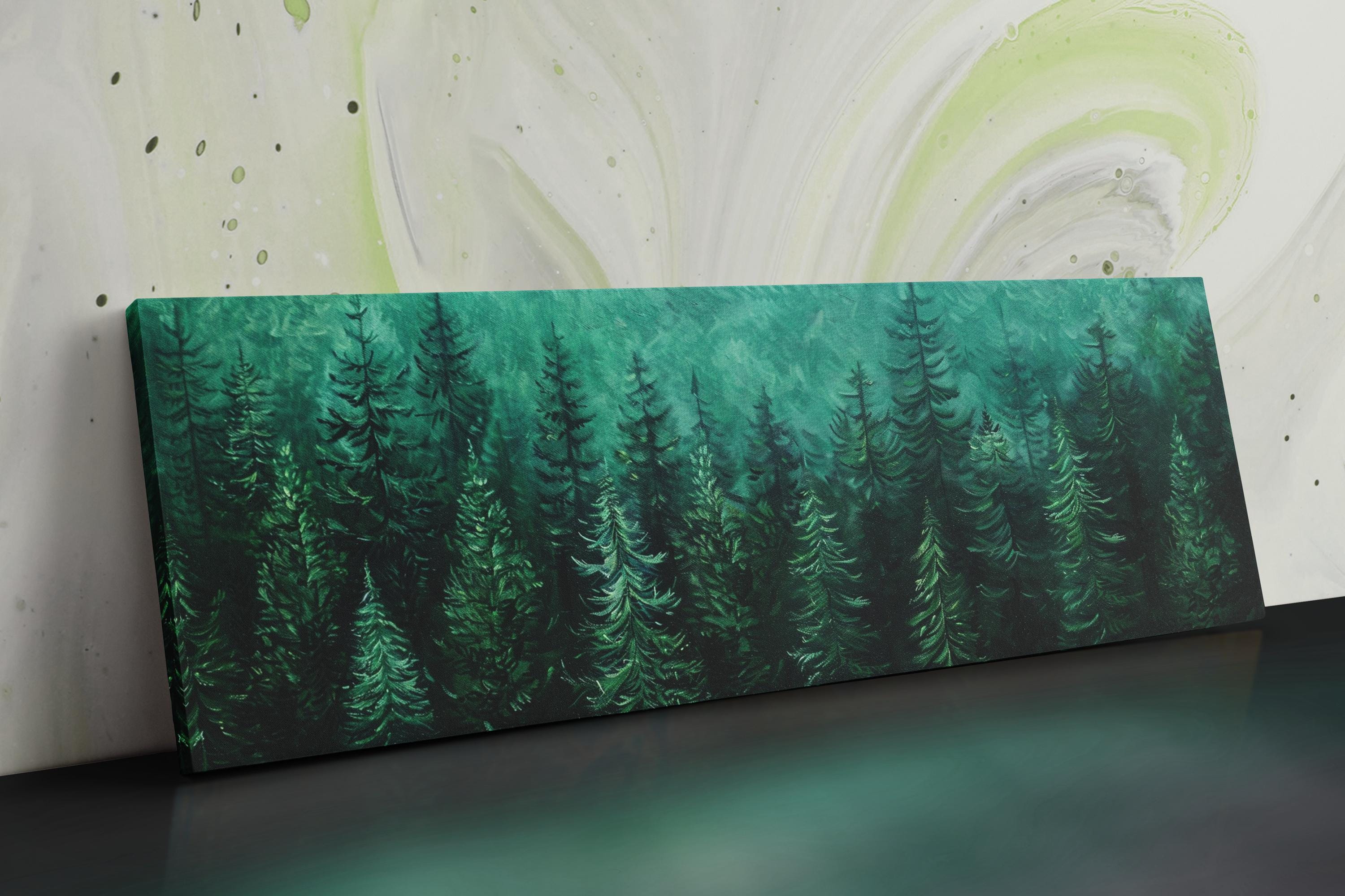 a painting of a forest with green trees
