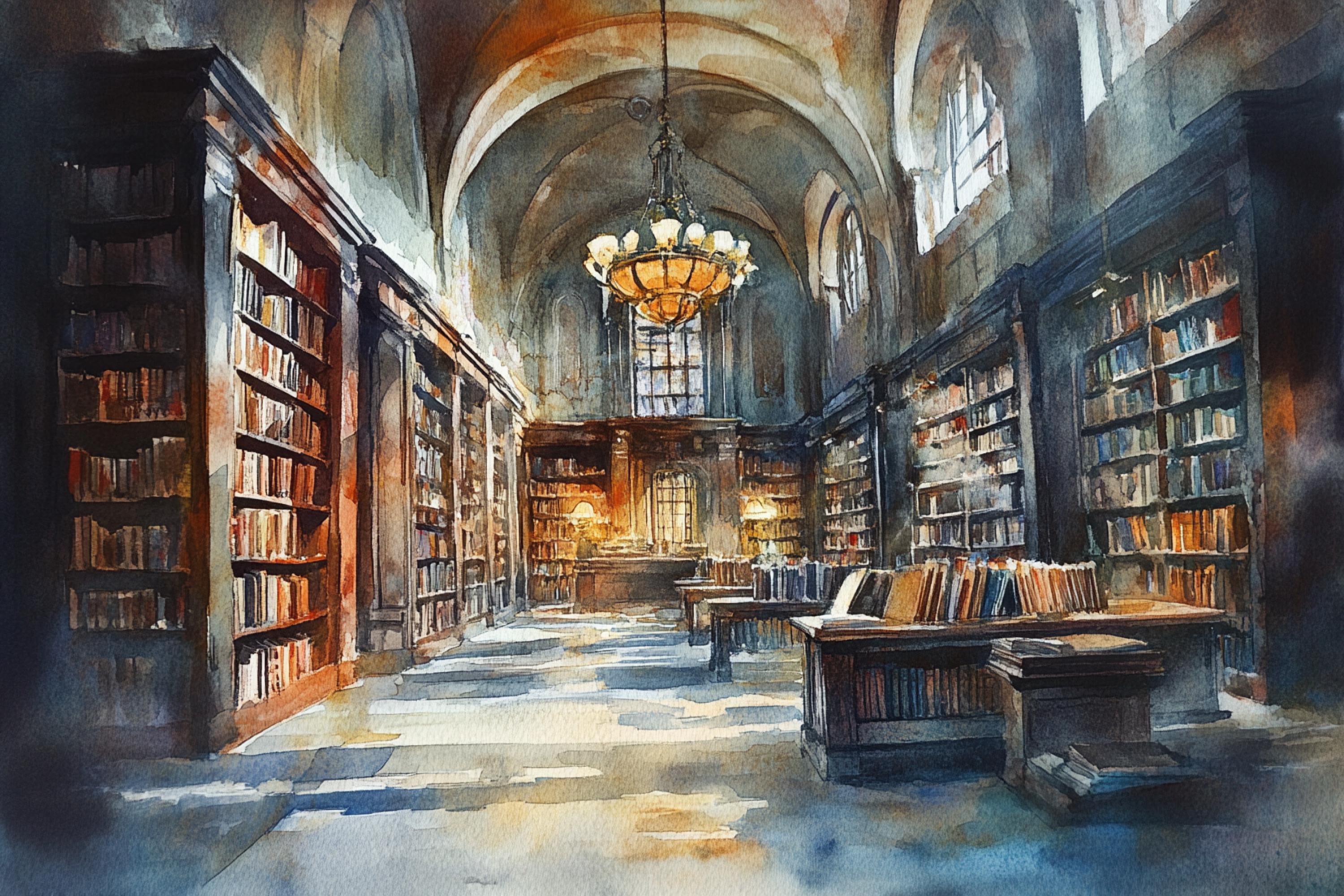 A grand library with high ceilings, arched windows, and a large chandelier hanging from the center. The room is filled with numerous bookshelves lining the walls, and a large table in the center of the room. The lighting in the room is warm and inviting, creating a cozy atmosphere.