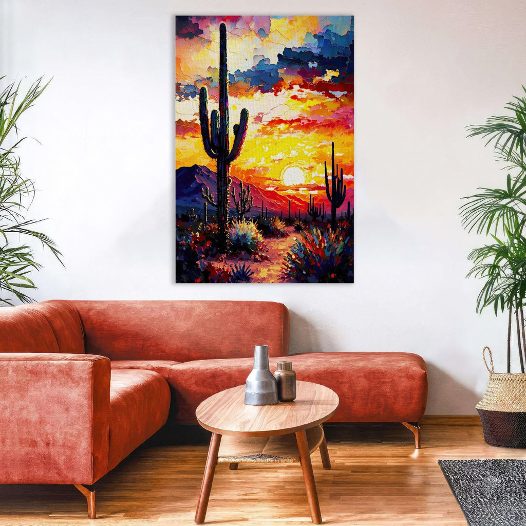 a vibrant desert landscape with a cactus in the foreground and a colorful sunset in the background. The cactus is tall and has a spiky appearance, while the sunset casts a warm, golden glow over the scene. The overall composition creates a sense of depth and dimension, with the cactus and sunset as the focal points.