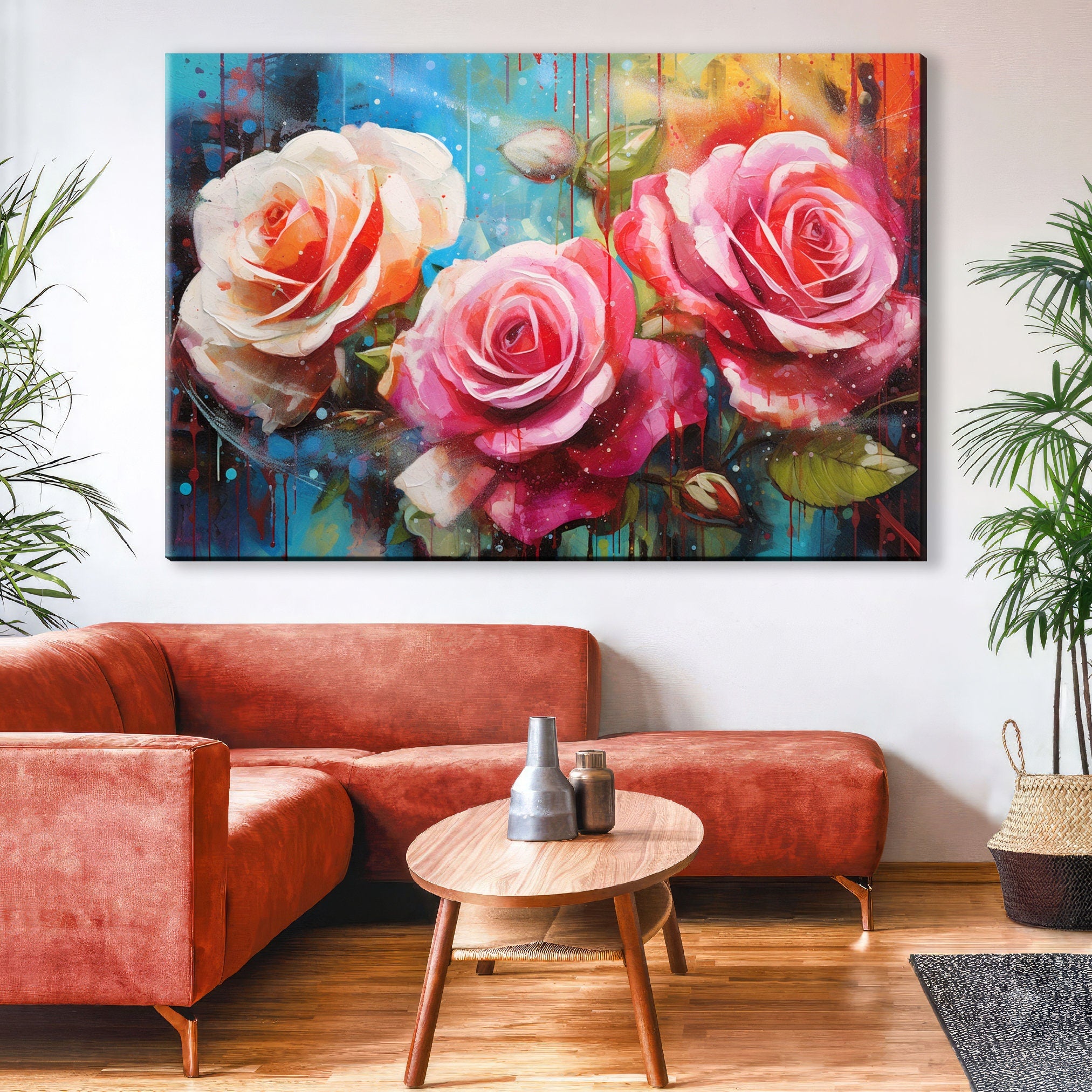 Pink and White Roses Canvas | Large Floral Wall Decor with Vibrant Alcohol Ink Style