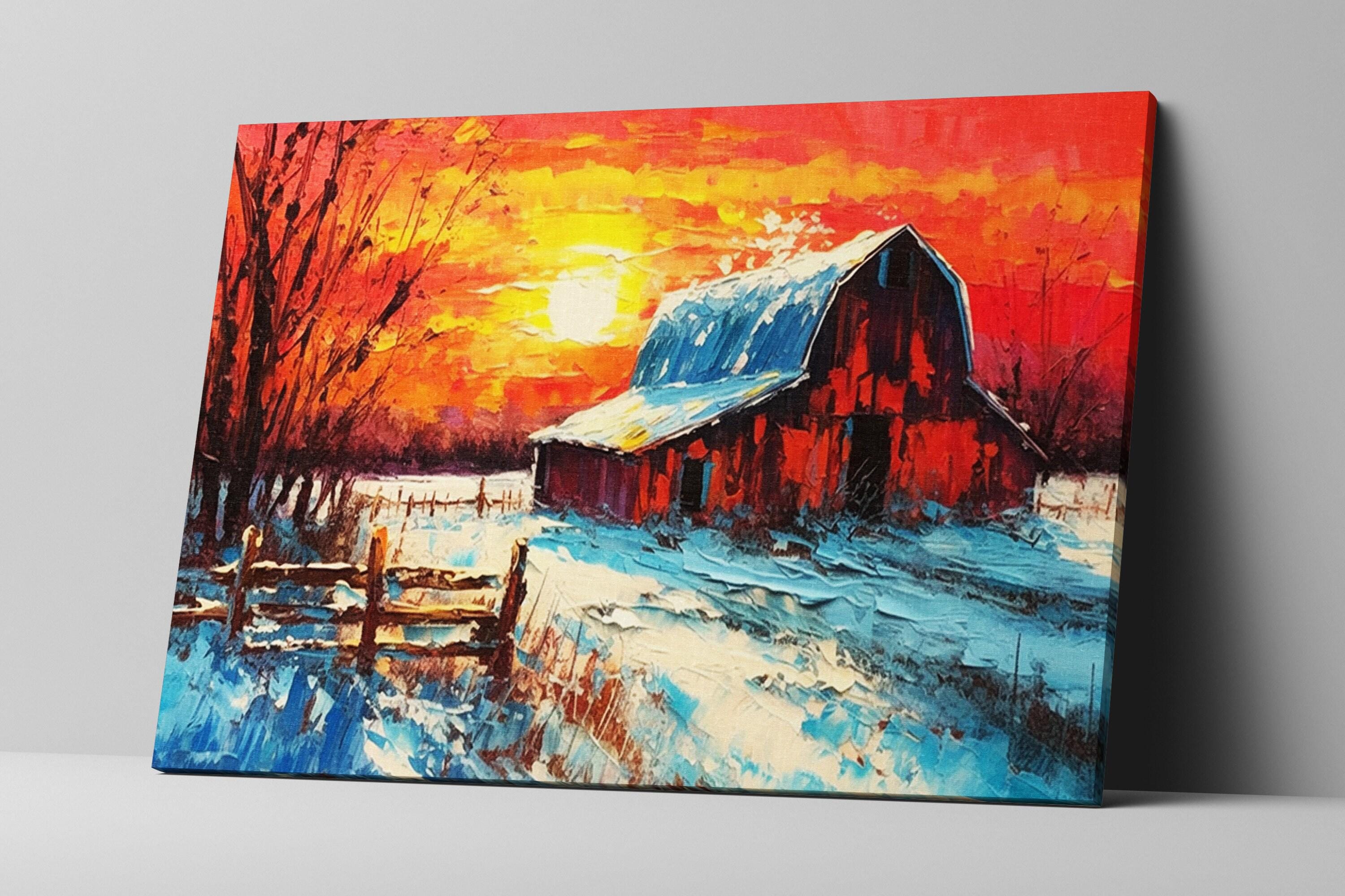 Wintery Farm Scene - Rustic Winter Canvas | Vintage Barn Landscape Print on Gallery Wrapped Canvas