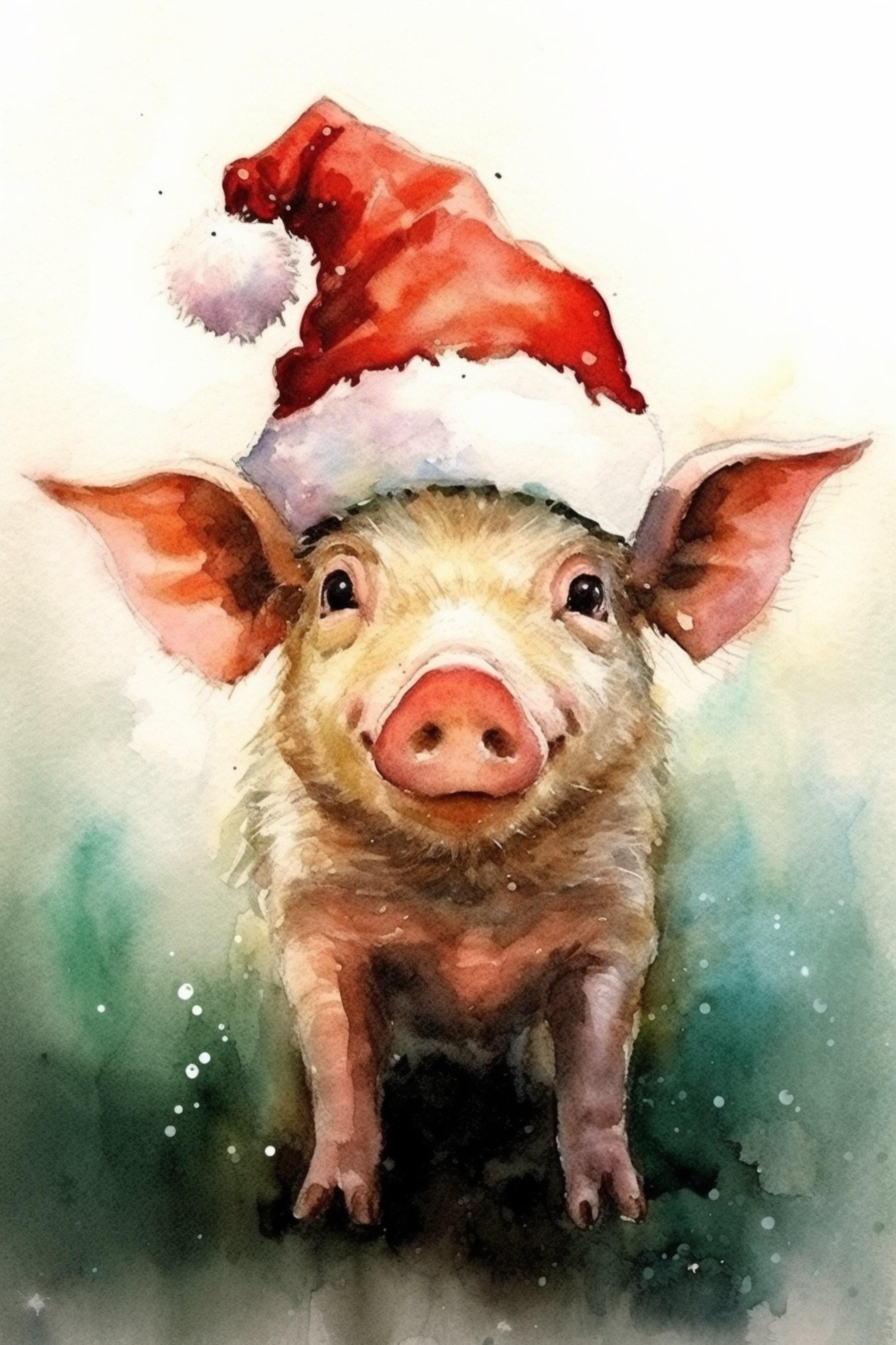 Festive Pig in Santa Hat Watercolor -  Christmas Art, Giclee Print on Canvas, Artist Paper, Watercolor Paper, Available in Extra Large Sizes