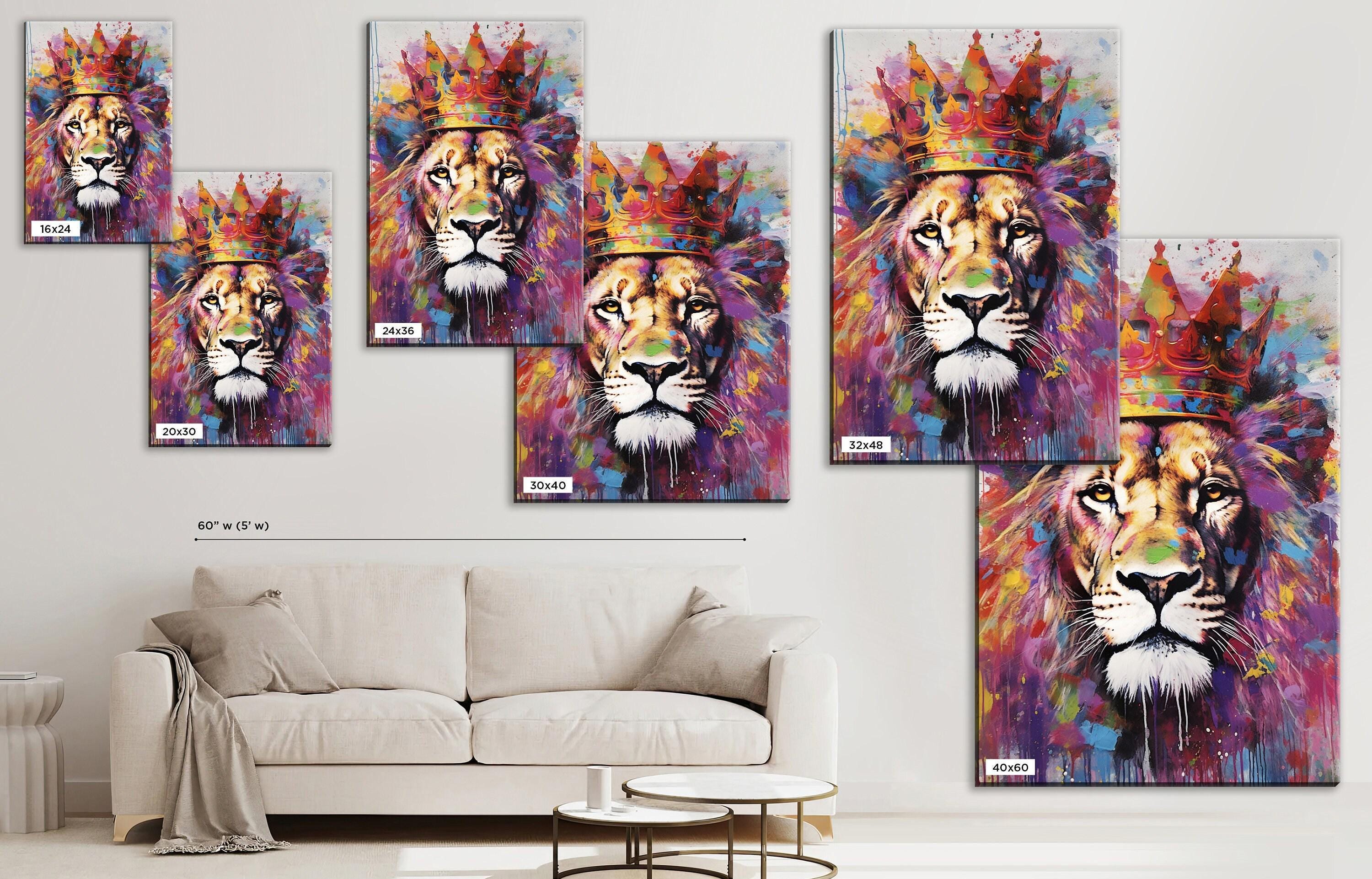 Lion Canvas Art – Large Watercolor Lion with Crown | Majestic Wildlife Wall Decor