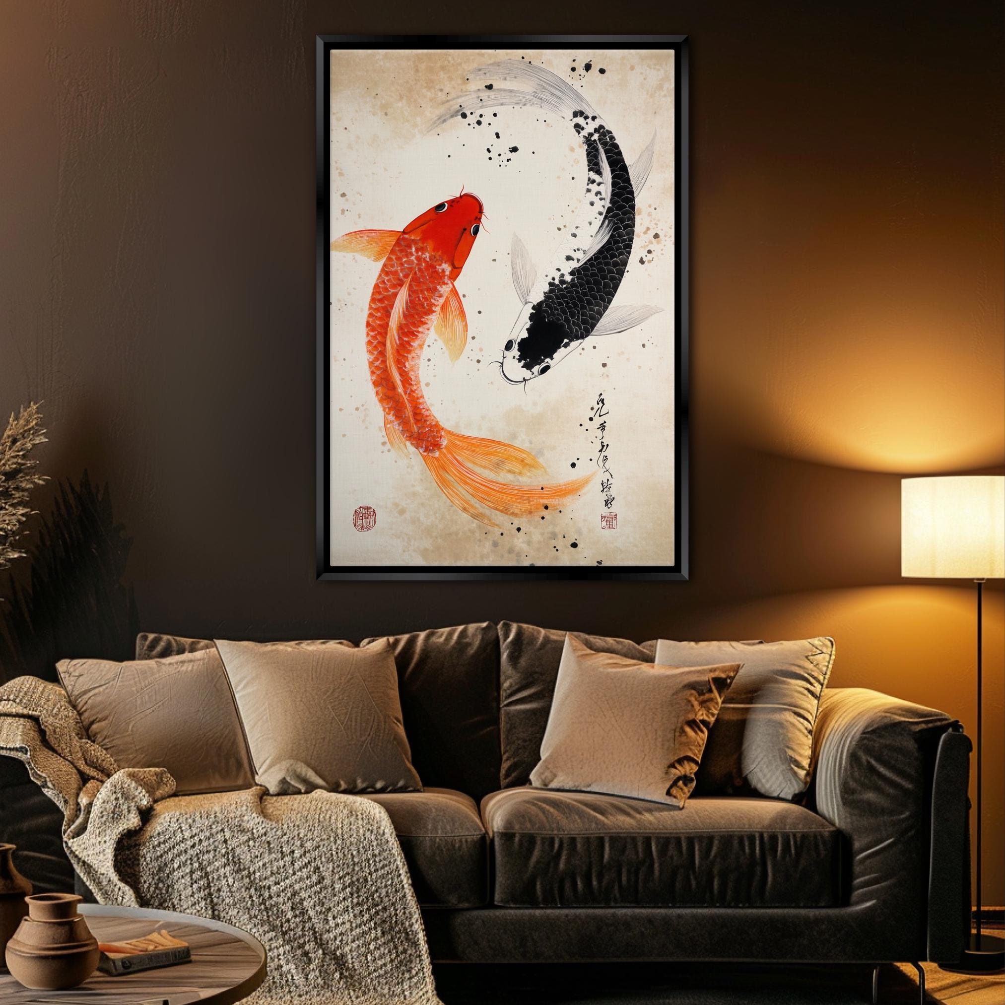 a living room with a couch and a painting on the wall