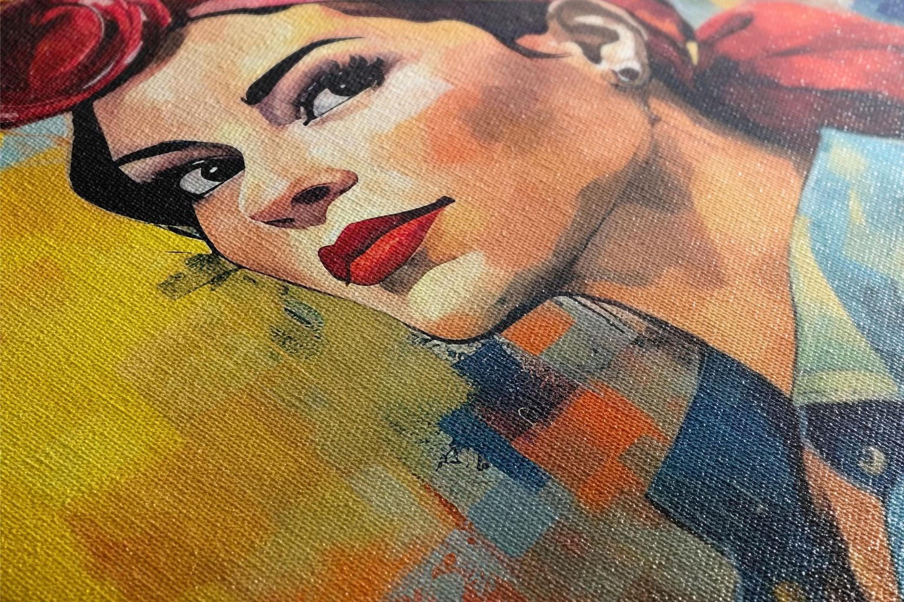 The image is a close-up of a colorful painting depicting a woman's face with a pensive expression.