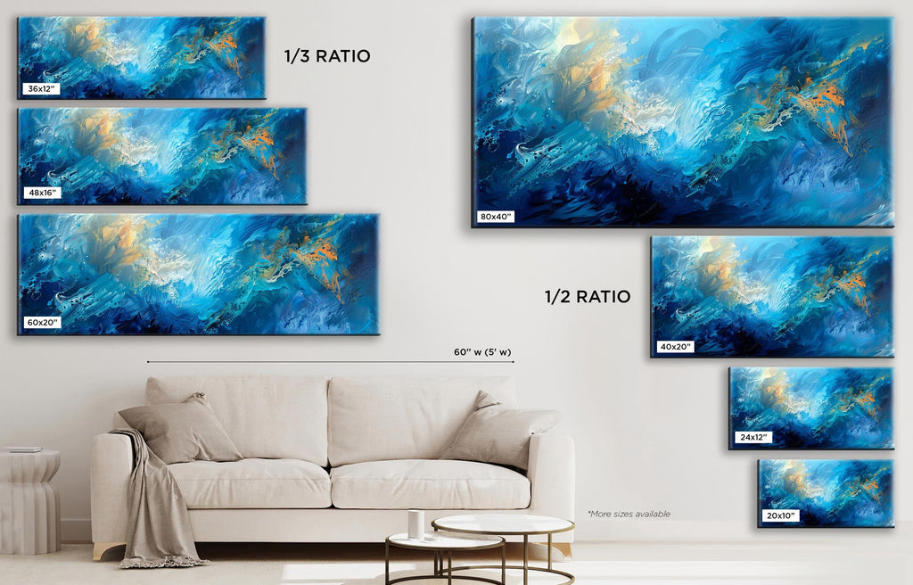 a living room with a white couch and paintings on the wall
