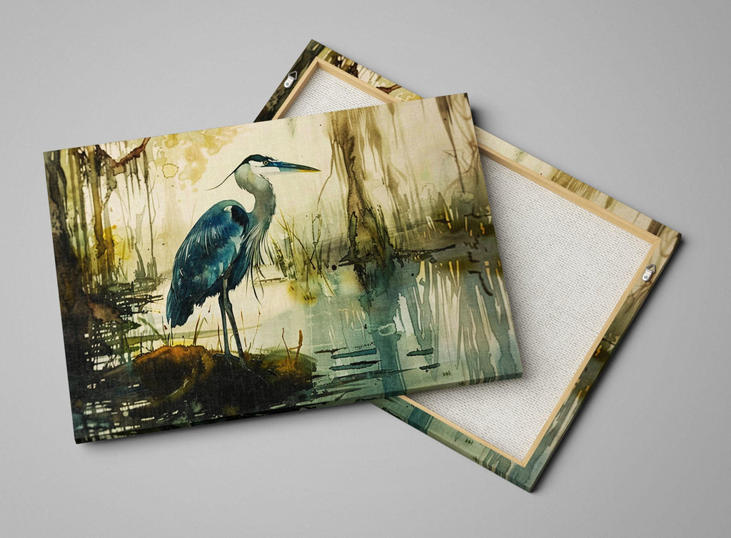 Blue Heron Wall Art – Elegant Alcohol Ink Canvas | Large Gallery Wrapped Print