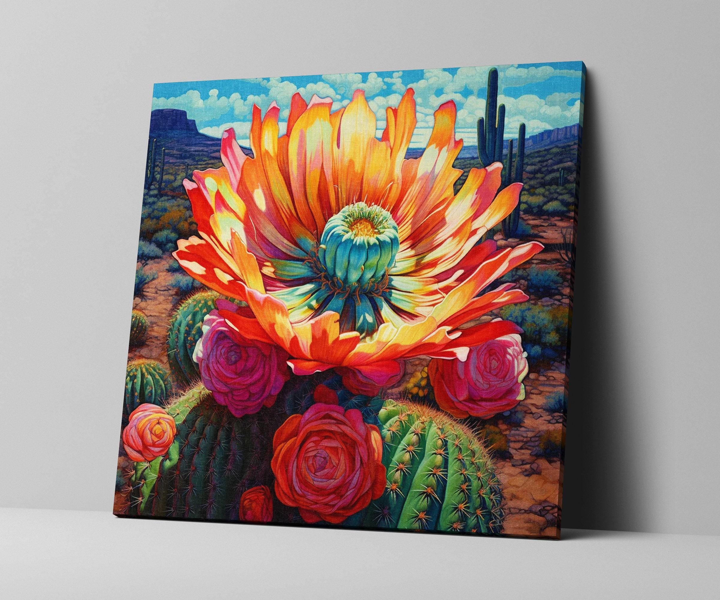 A vibrant painting depicting a desert landscape with a large, colorful flower at the center, surrounded by various cacti and other desert flora.