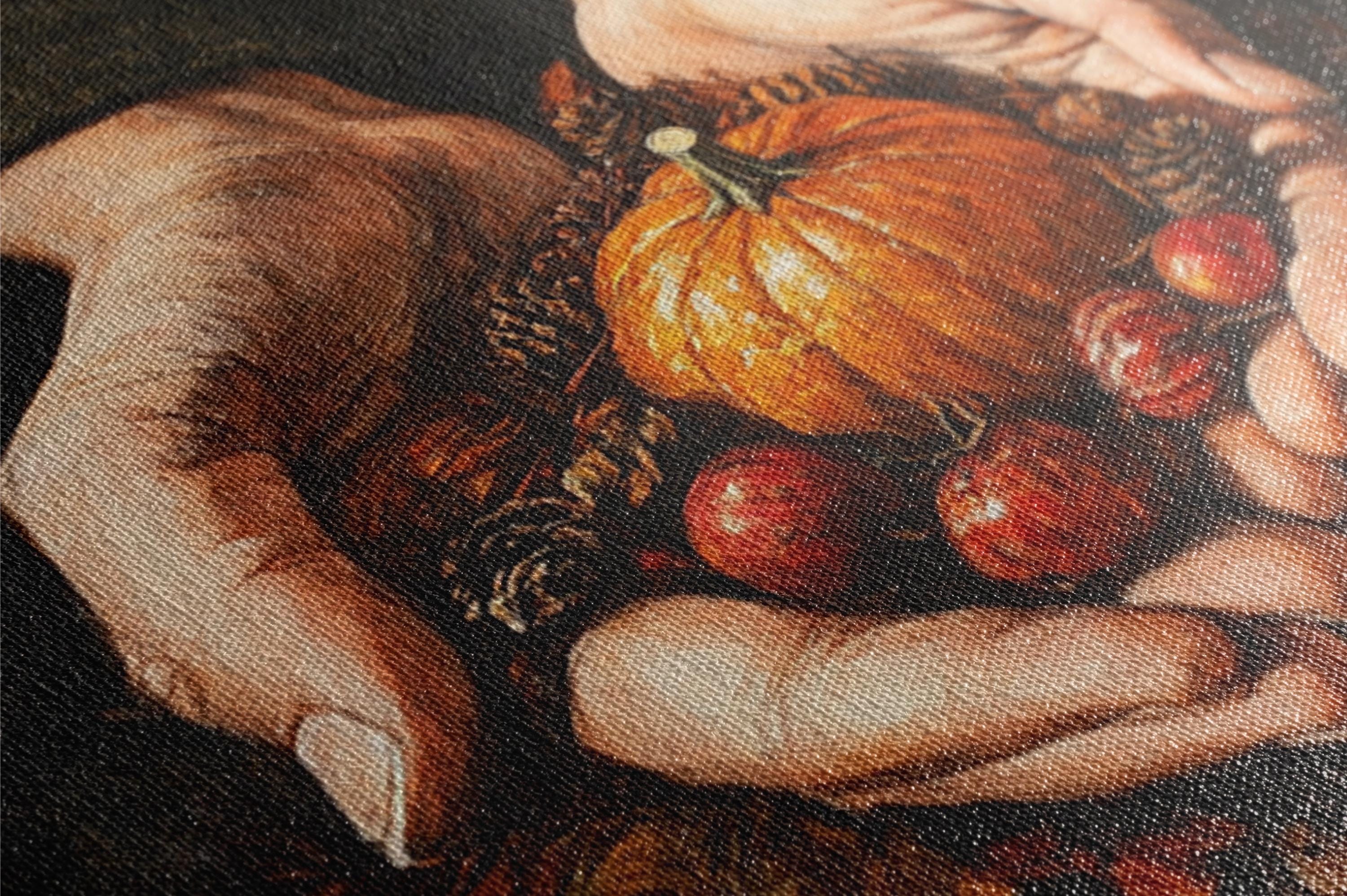 A close-up of a person's hand holding a small orange pumpkin and several red berries.