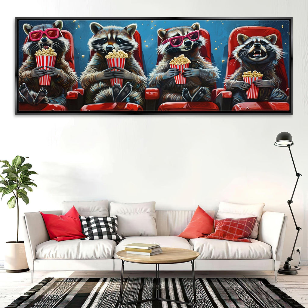 Panoramic Wall Art - Funny Raccoons Movie Theater Decor | Extra Large Canvas Ready to Hang