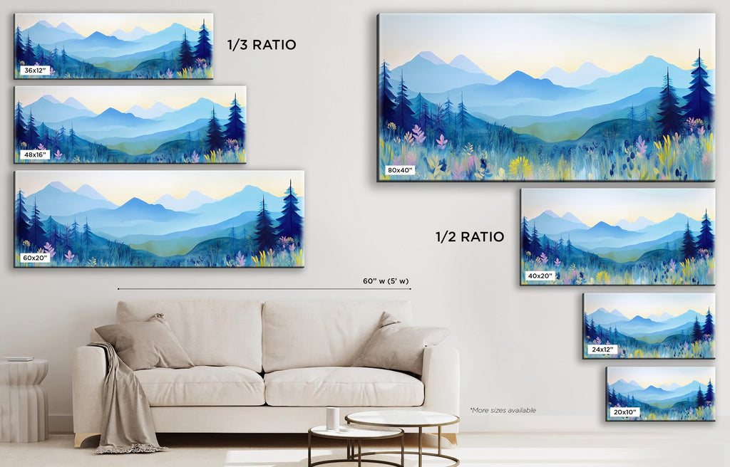 a living room with a couch and paintings on the wall