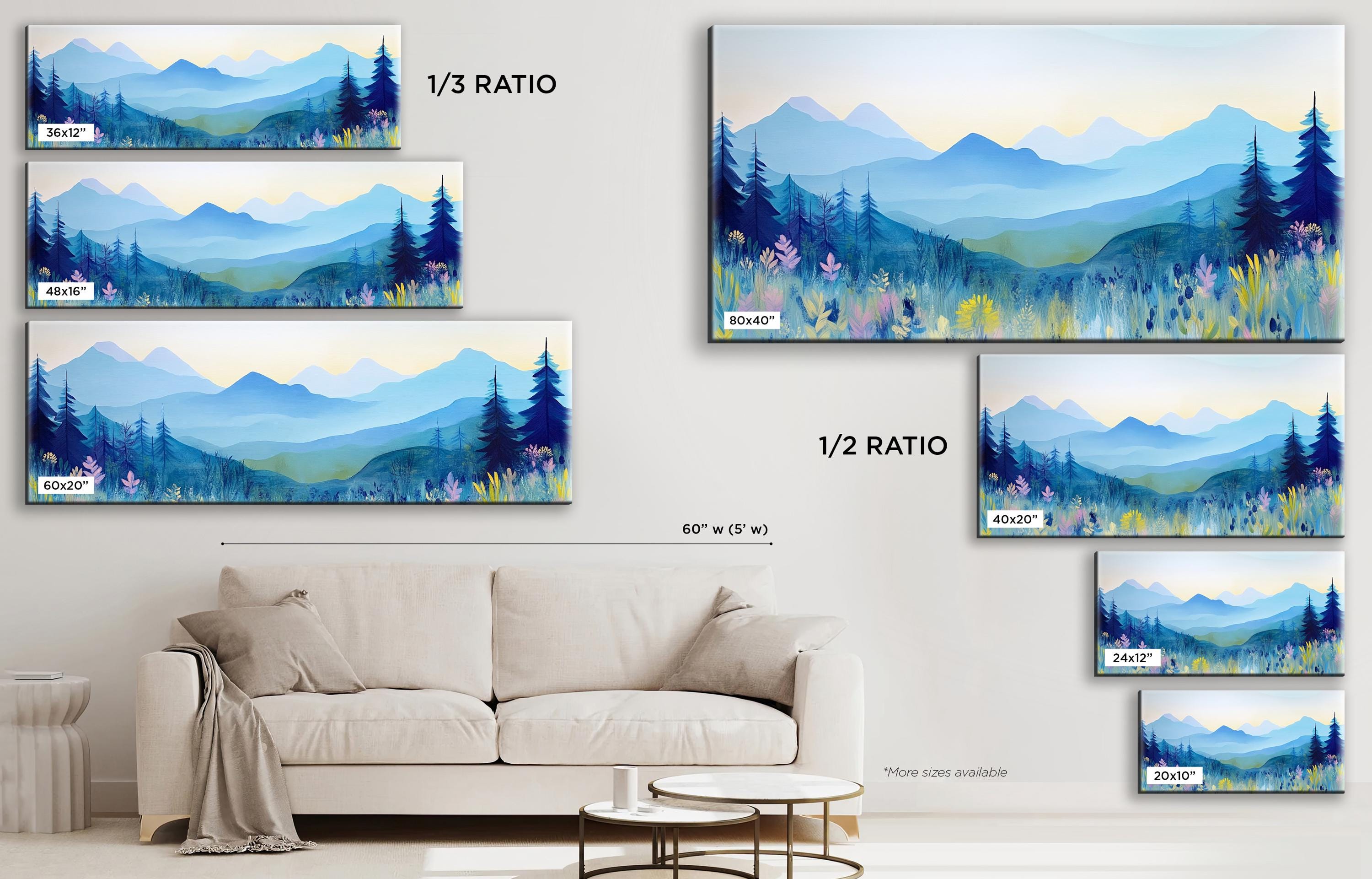 a living room with a couch and paintings on the wall