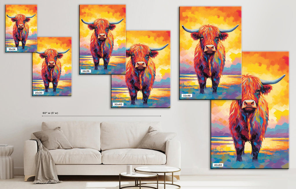 Highland Cow Canvas – Rustic Farmhouse Wall Art, Large Colorful Cow Painting