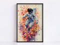 an astronaut floating in space, surrounded by a colorful floral background.