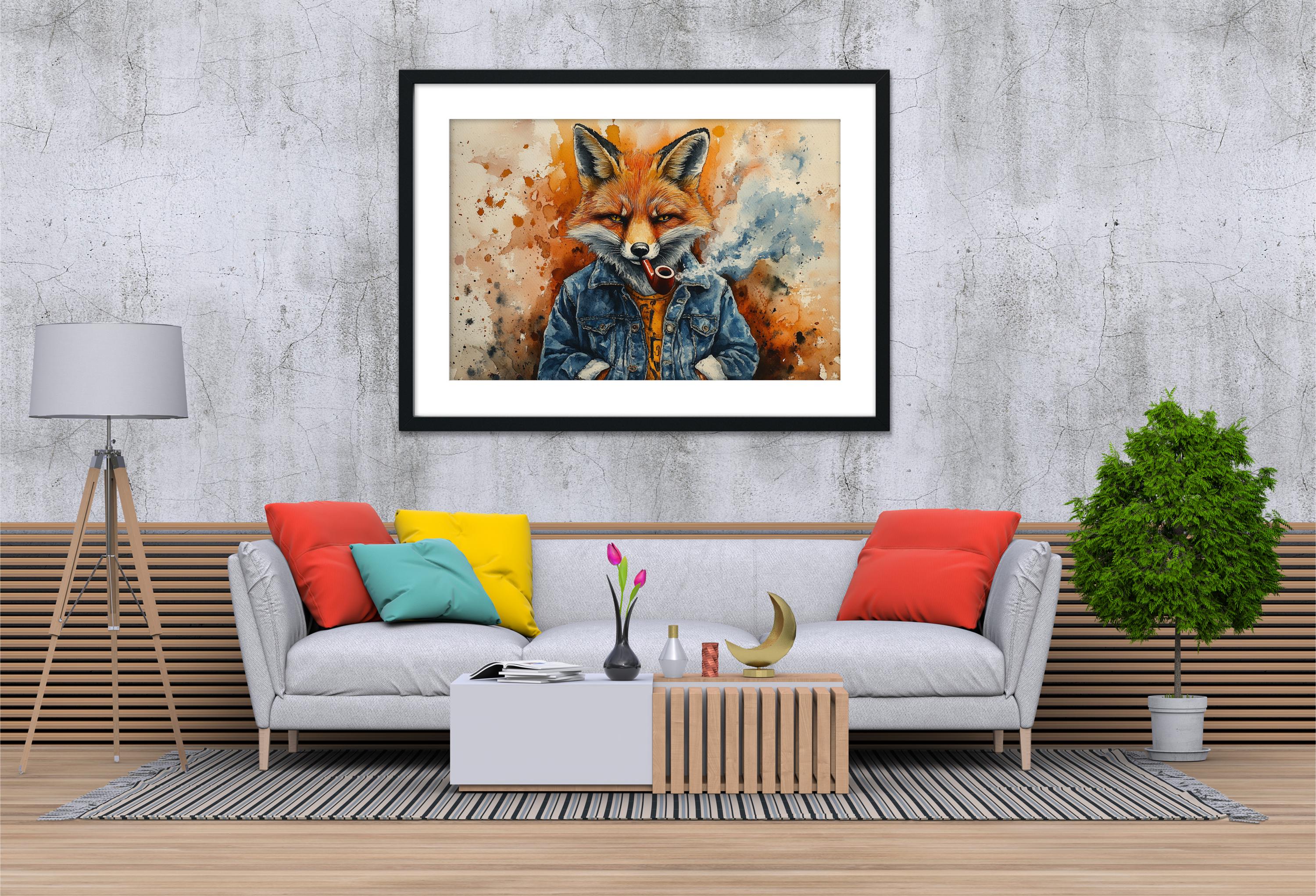 a modern living room with a gray sofa, a wooden coffee table, and a framed painting of a fox wearing a blue jacket and holding a cigarette.
