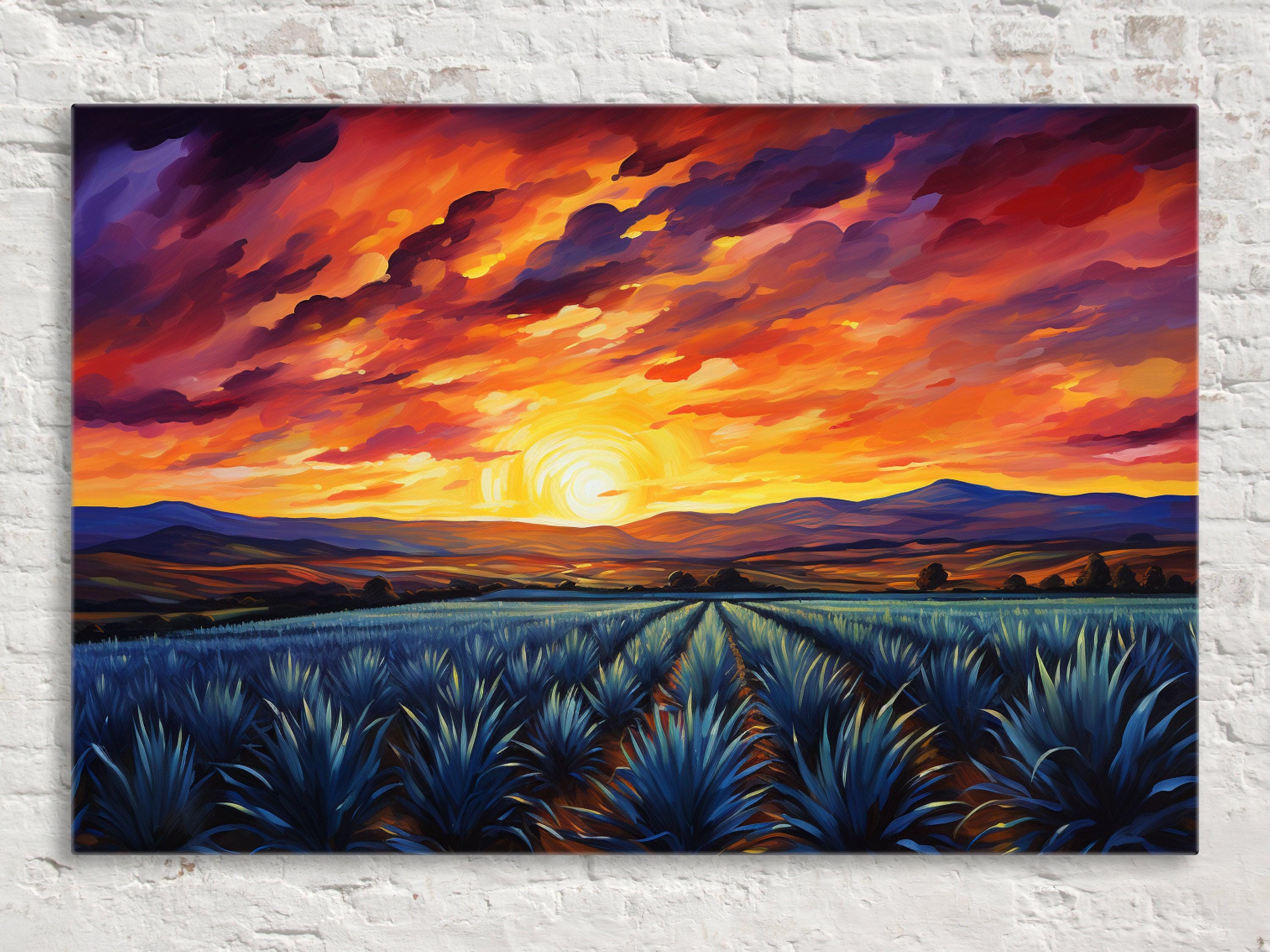 The image is a vibrant painting depicting a serene landscape with a field of blue agave plants in the foreground, set against a stunning sunset over rolling hills and mountains in the distance.