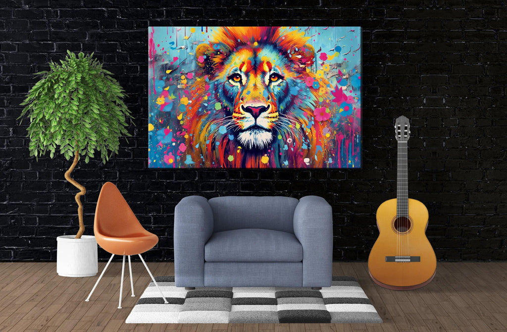 Lion Canvas Wall Art - Large Pop Art Painting on Gallery Ready Canvas Frame