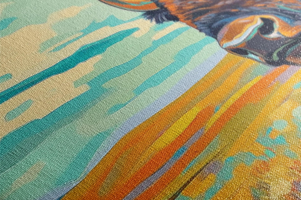 a close up of a painting of a cow