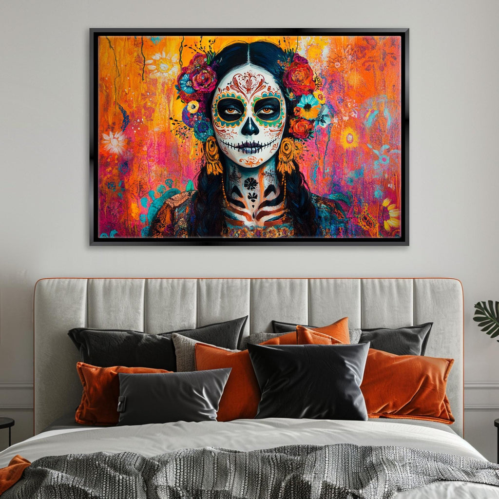 Mexican Sugar Skull Art - Extra Large Framed Canvas Print | Vibrant Día de Muertos Decor