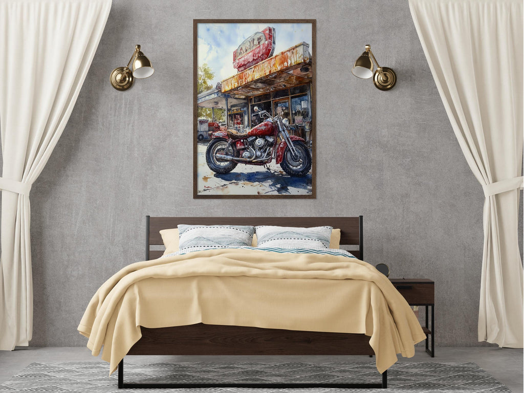 a bedroom with a large bed, a nightstand, and a framed painting of a red motorcycle on the wall above the bed.