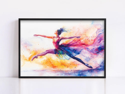A framed watercolor painting depicting a female ballerina in mid-jump, with vibrant colors and dynamic brushstrokes.