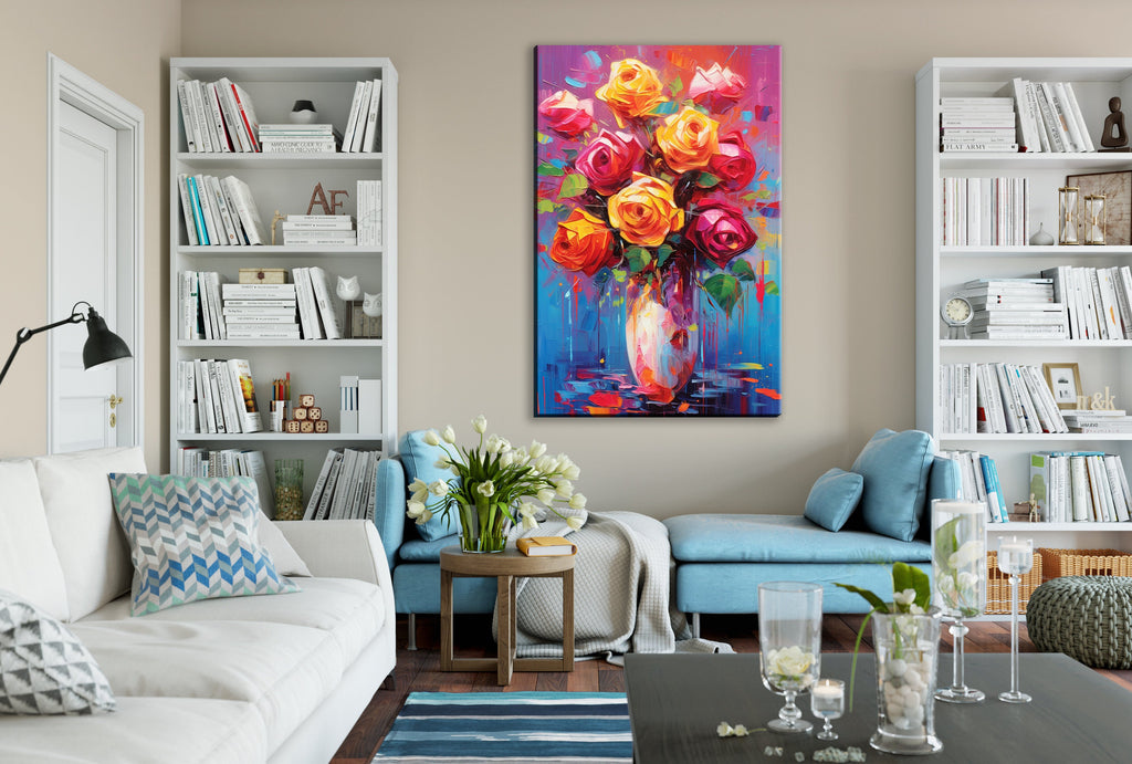 Rose Bouquet Canvas – Large Floral Wall Decor | Vibrant Abstract Roses Art Print