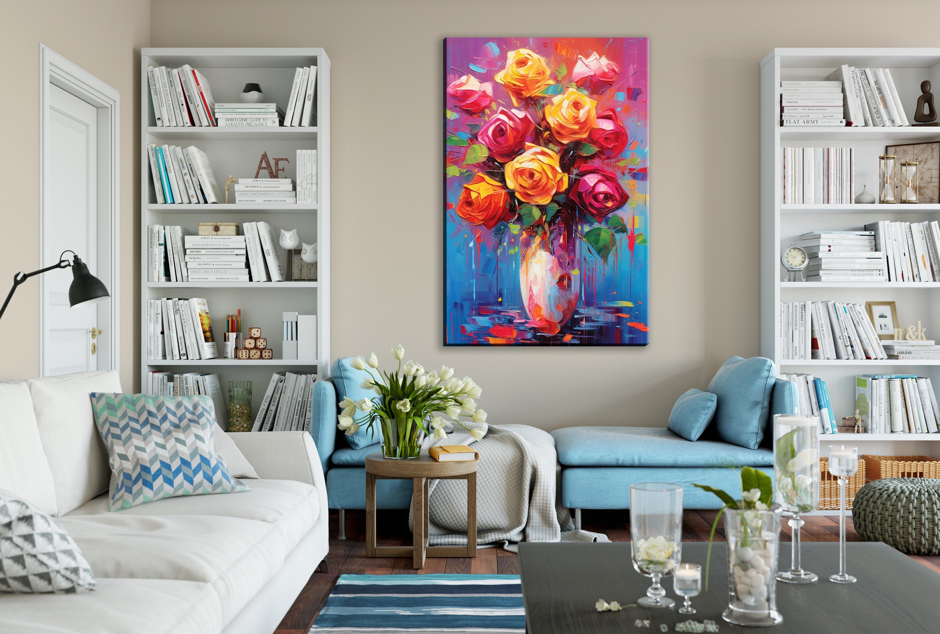 Rose Bouquet Canvas – Large Floral Wall Decor | Vibrant Abstract Roses Art Print