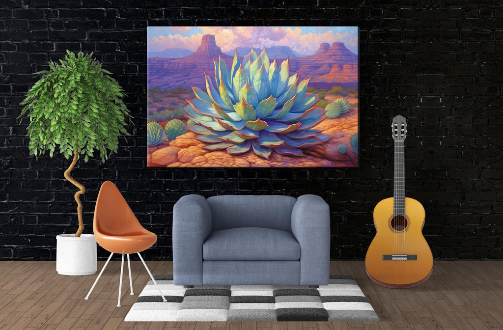 Blue Agave Canvas Art – Desert Pastel Painting on Gallery Wrapped Canvas, Extra Large