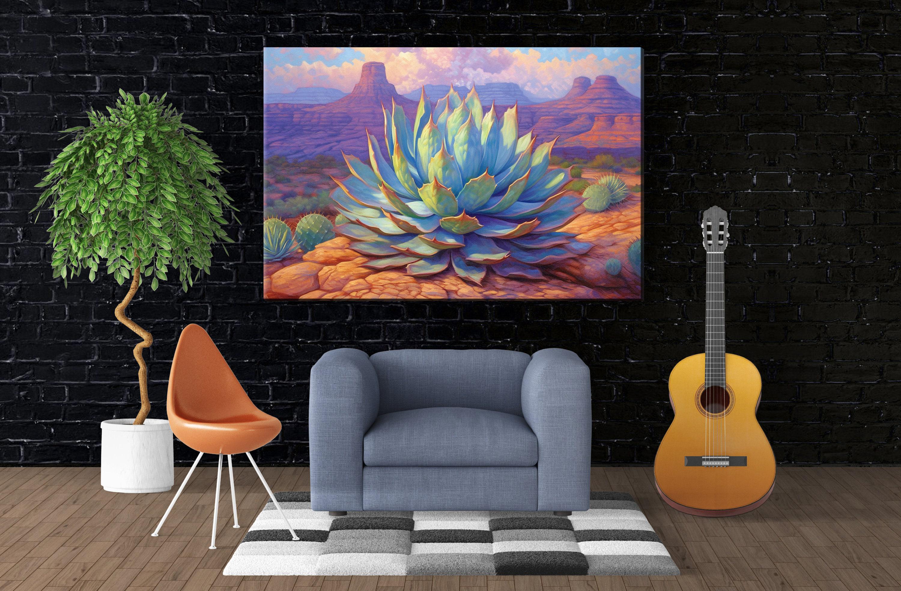 Blue Agave Canvas Art – Desert Pastel Painting on Gallery Wrapped Canvas, Extra Large