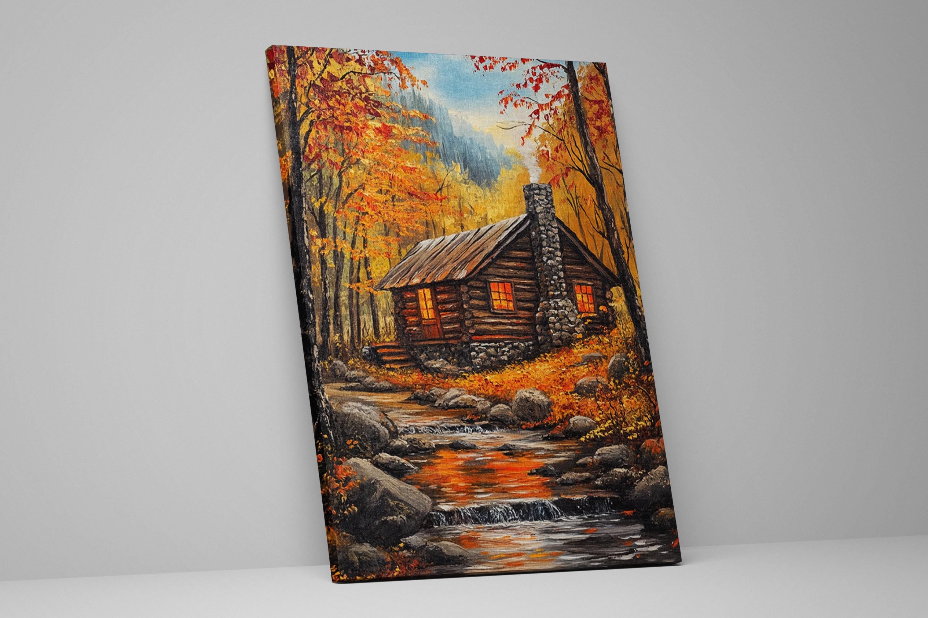 a rustic log cabin nestled in a picturesque autumn landscape, surrounded by vibrant foliage and a flowing stream.
