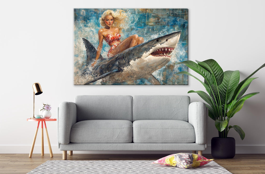 a painting of a woman sitting on a shark